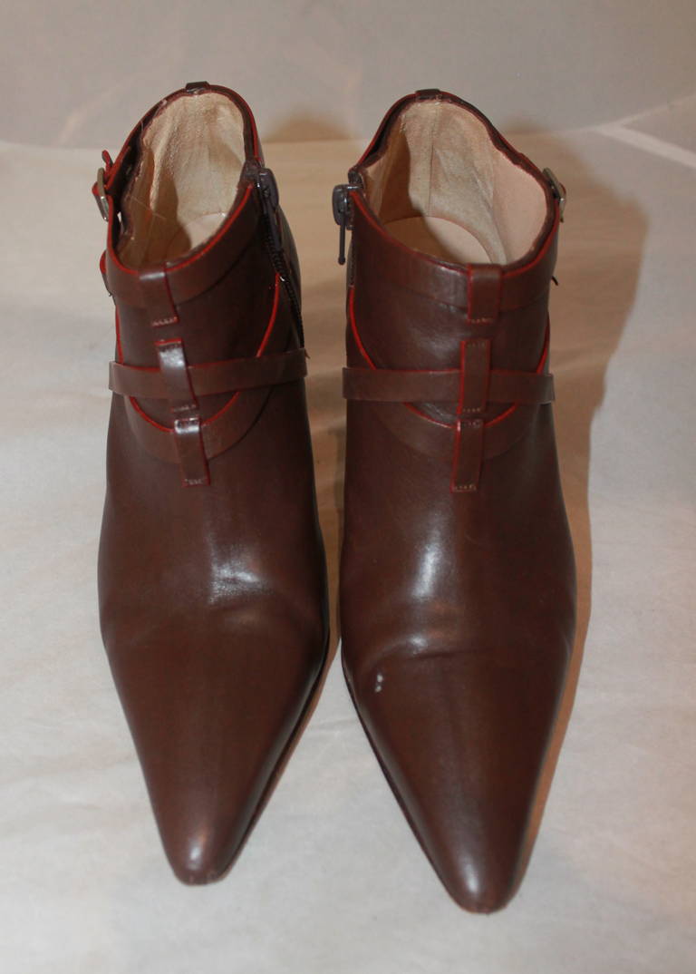 Manolo Blahnik Brown Leather Booties - 7. These shoes are in excellent condition with visible wear on the bottom.
