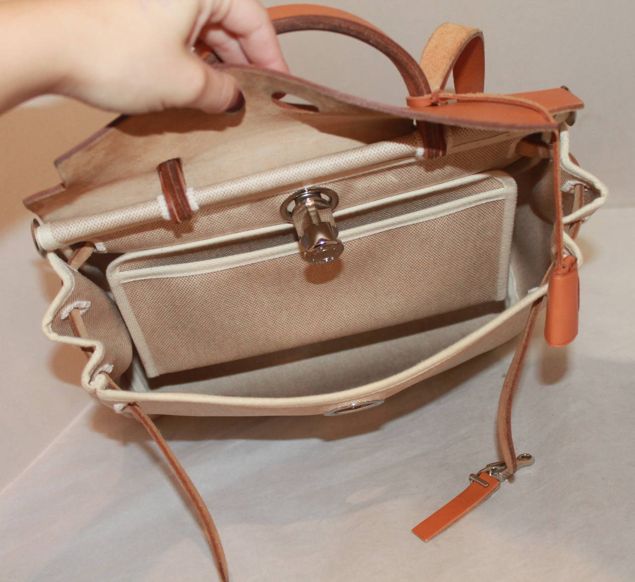 Hermes Gold Leather Tan and Black Canvas \u0026quot;Her\u0026quot; Bag 31 cm at 1stdibs  