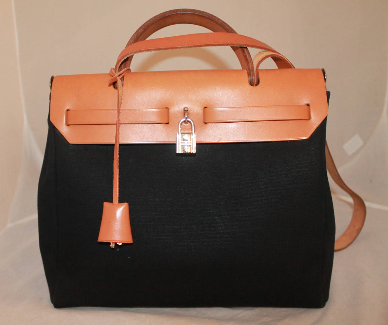 Hermes Gold Leather Tan & Black Canvas 