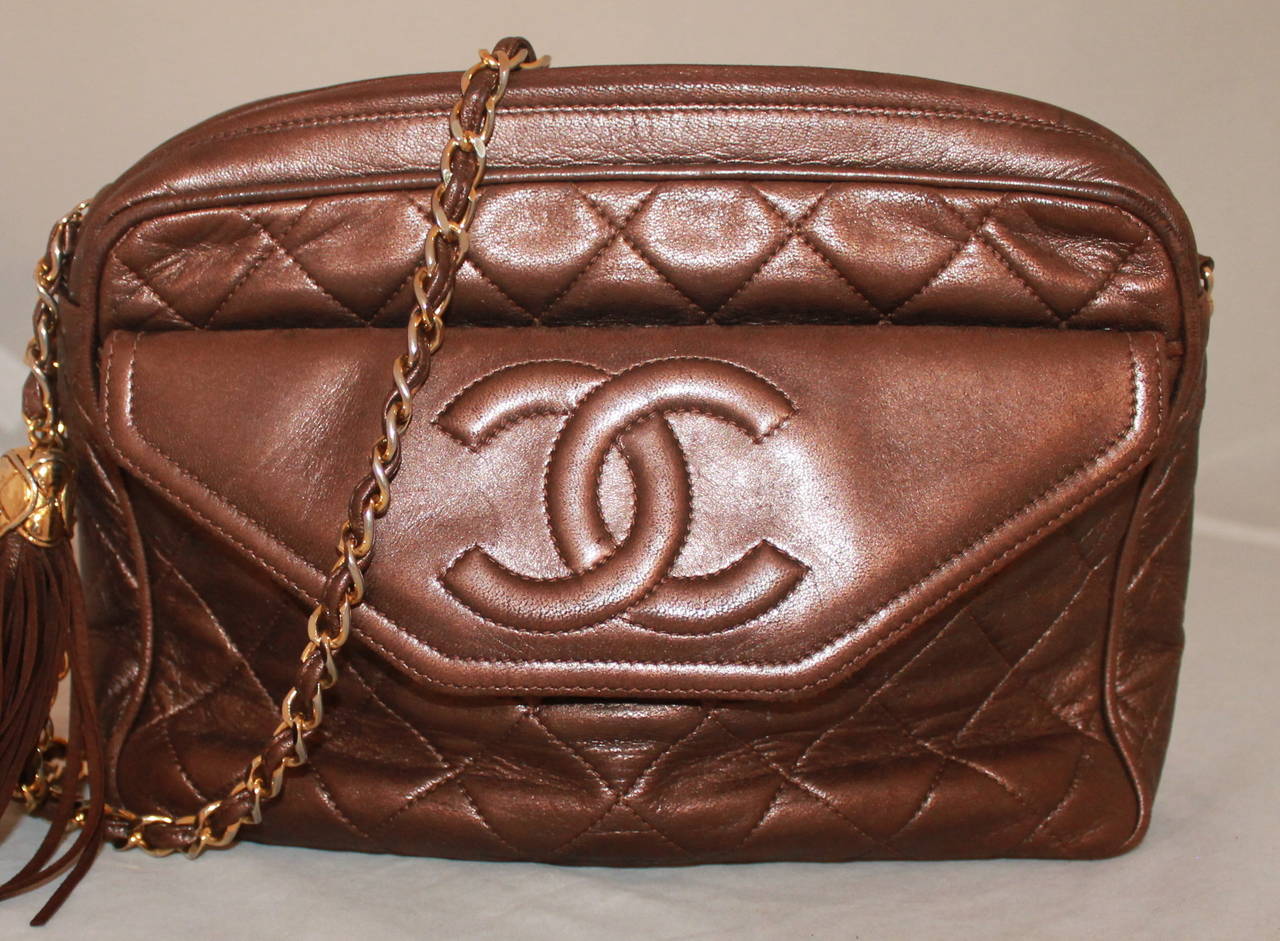 Brown Chanel Vintage Bronze Lambskin Quilted Camera Case - circa 1991