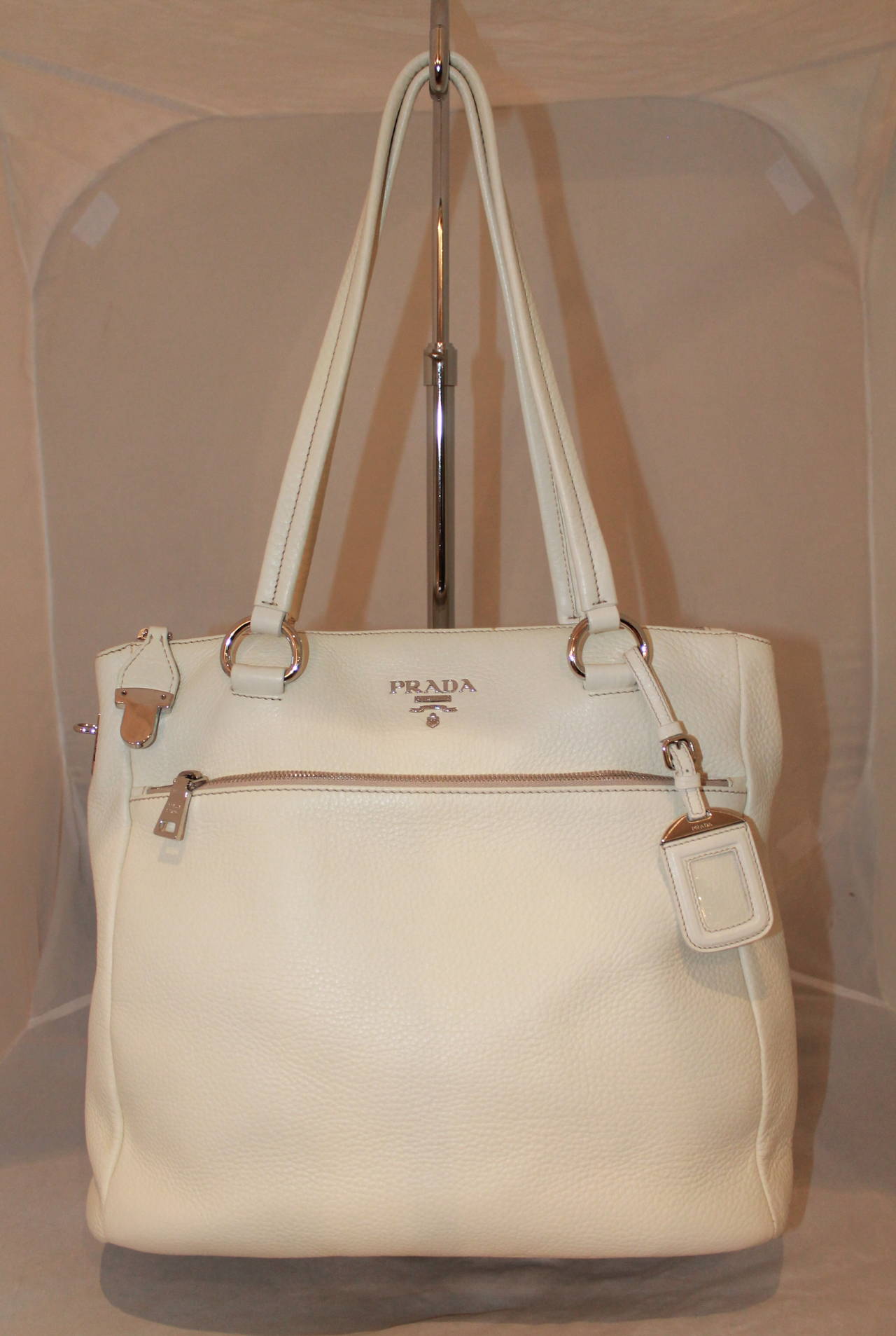 Women's Prada Ivory Pebbled Leather Large Tote