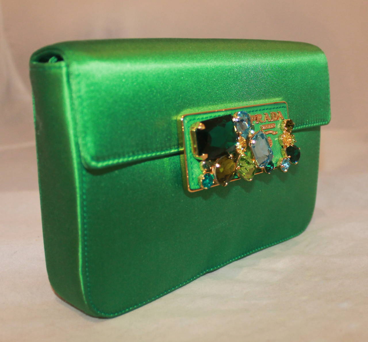 Prada Green Satin Rhinestone Crossbody and Clutch For Sale at 1stDibs