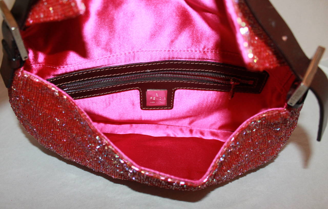 Fendi Raspberry Beaded & Leather Baguette In Excellent Condition In West Palm Beach, FL