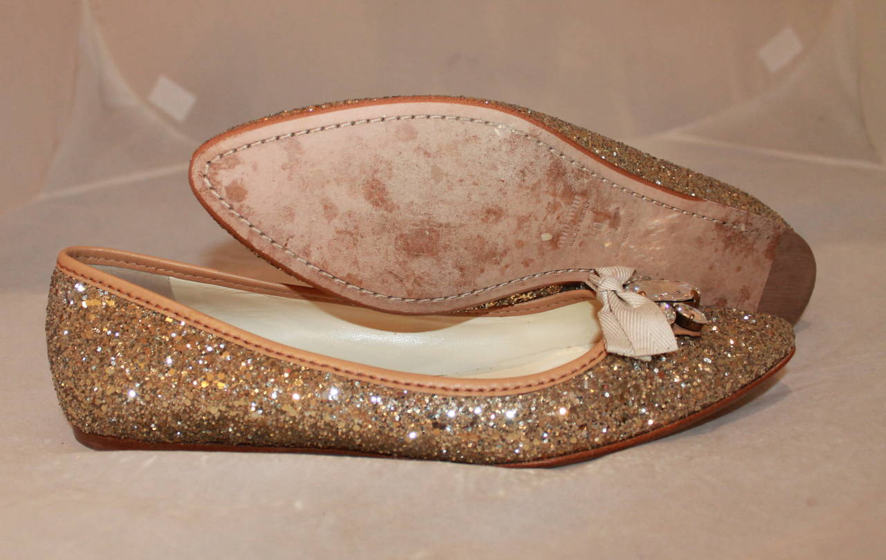 Miu Miu Gold Shimmer Rhinestone Flats - 40 In Excellent Condition In West Palm Beach, FL