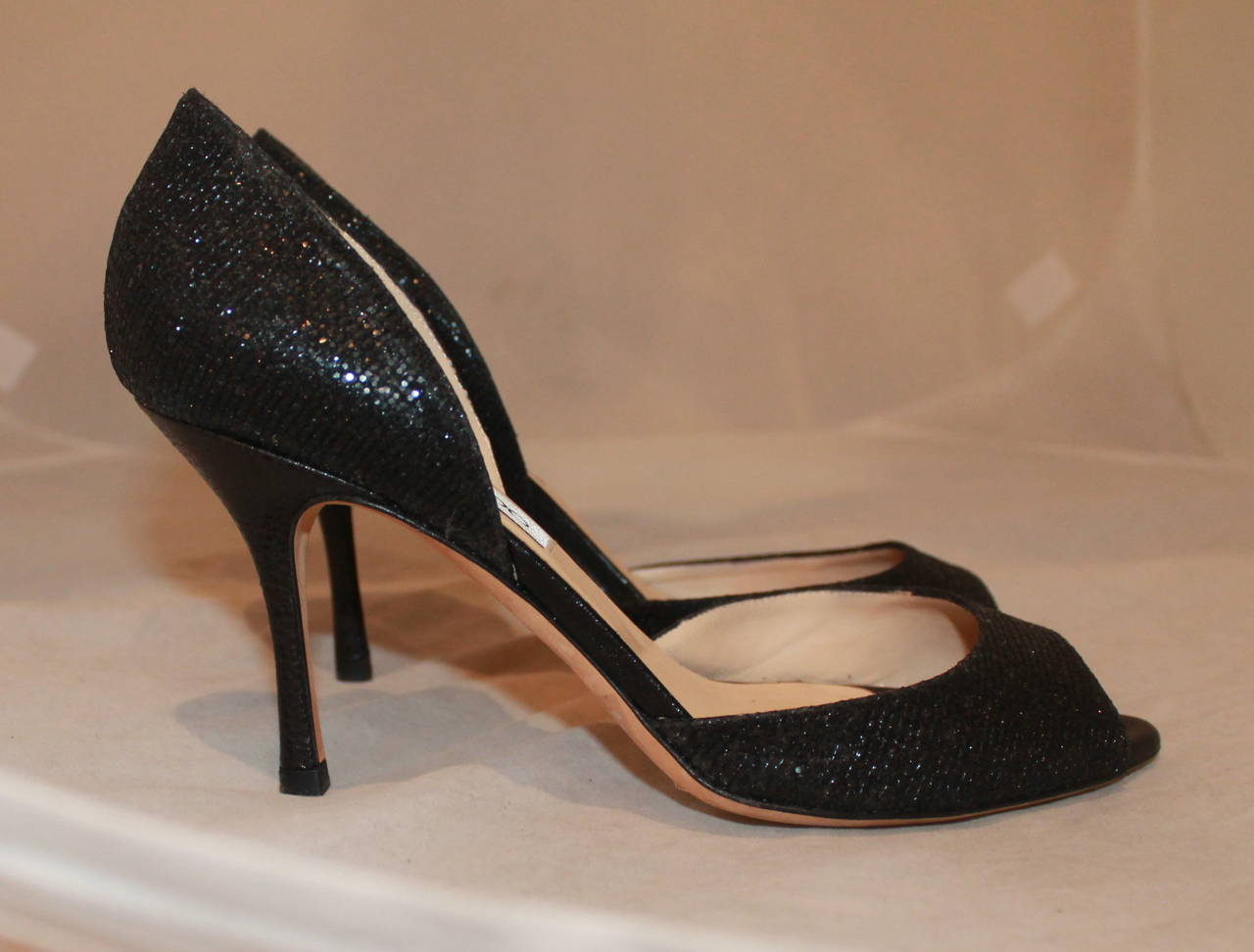 Jimmy Choo Black Sparkle Heels - 37.5 In Excellent Condition In West Palm Beach, FL