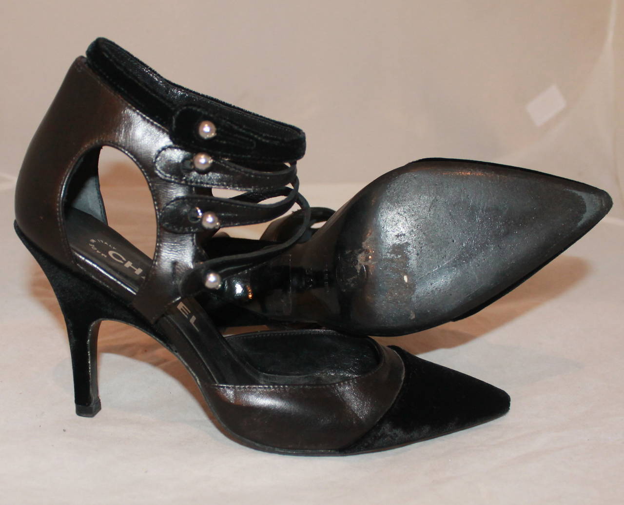 Women's Chanel Black Velvet & Leather Strappy Pumps - 36.5