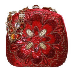 Judith Leiber Vintage Red Satin Beaded Evening Bag with Jeweled Handle