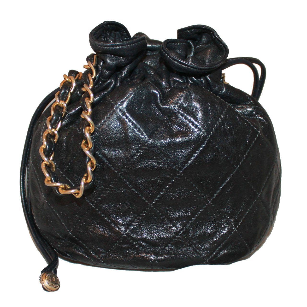Chanel Black Lambskin Quilted Mini Drawstring Handbag - circa 1997