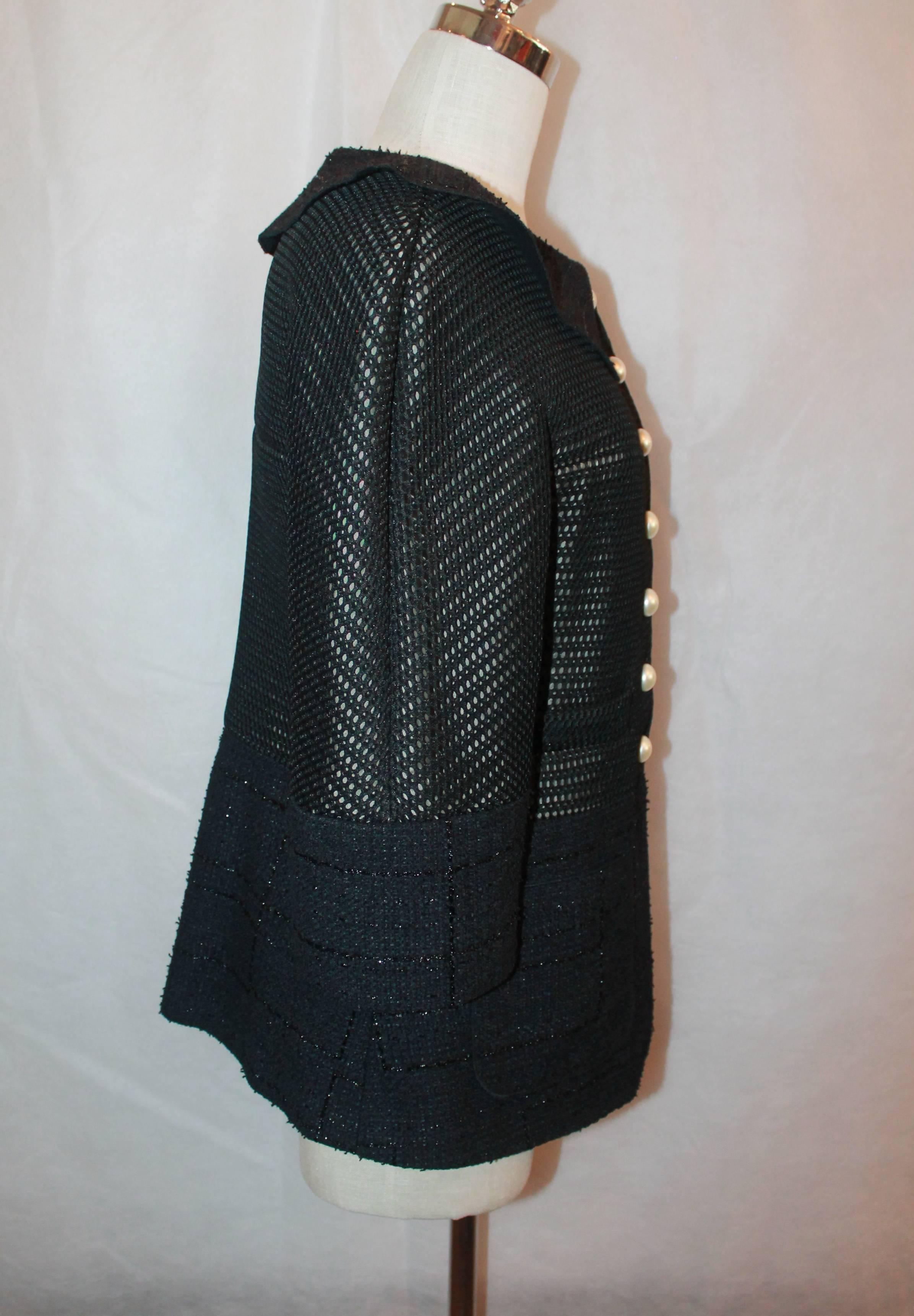 Chanel Black Eyelet and Tweed Jacket with Pearl Buttons - 42 In Excellent Condition In West Palm Beach, FL