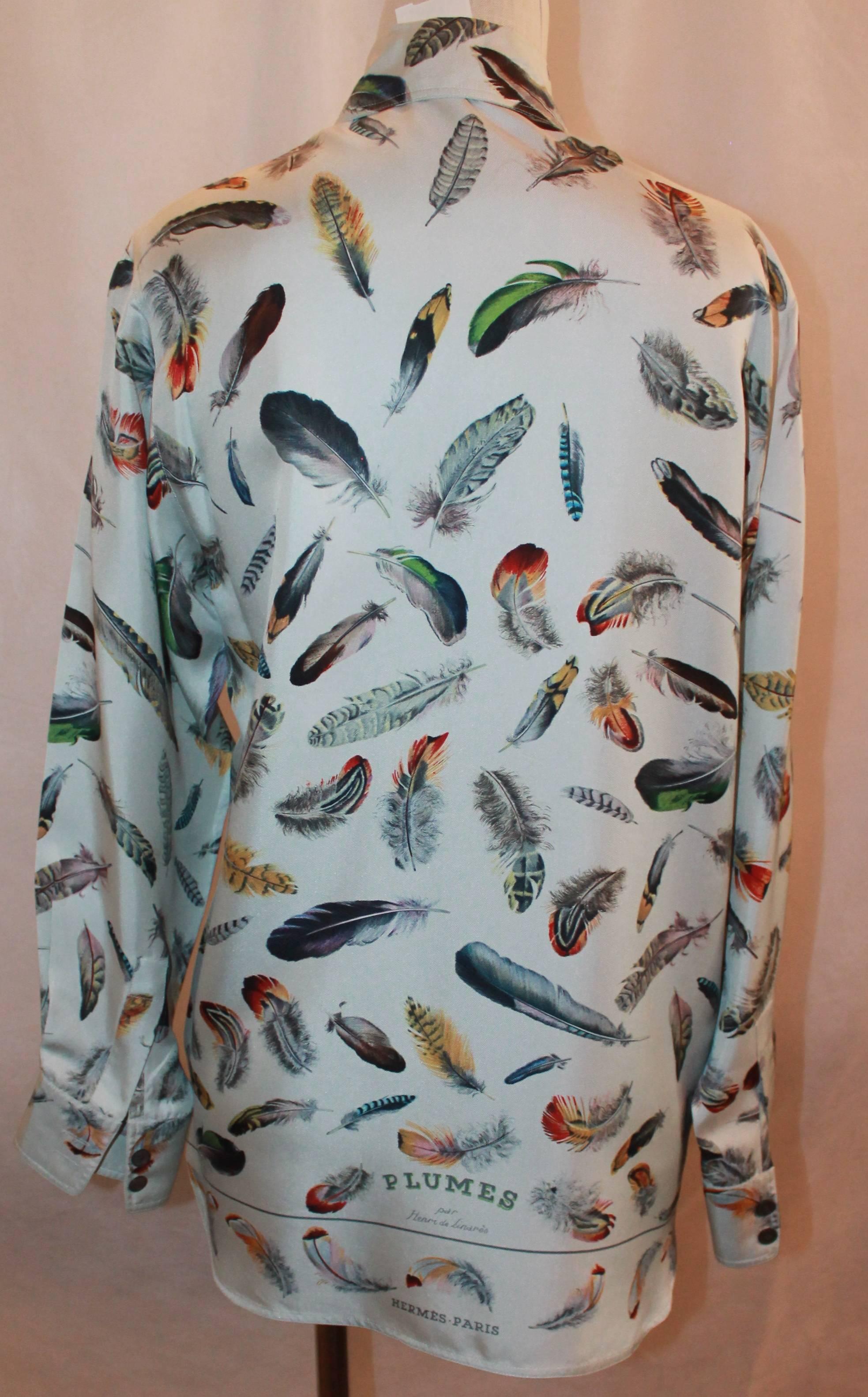 Women's Hermes 1990s Pale Blue Feather Printed Long Sleeve - 36