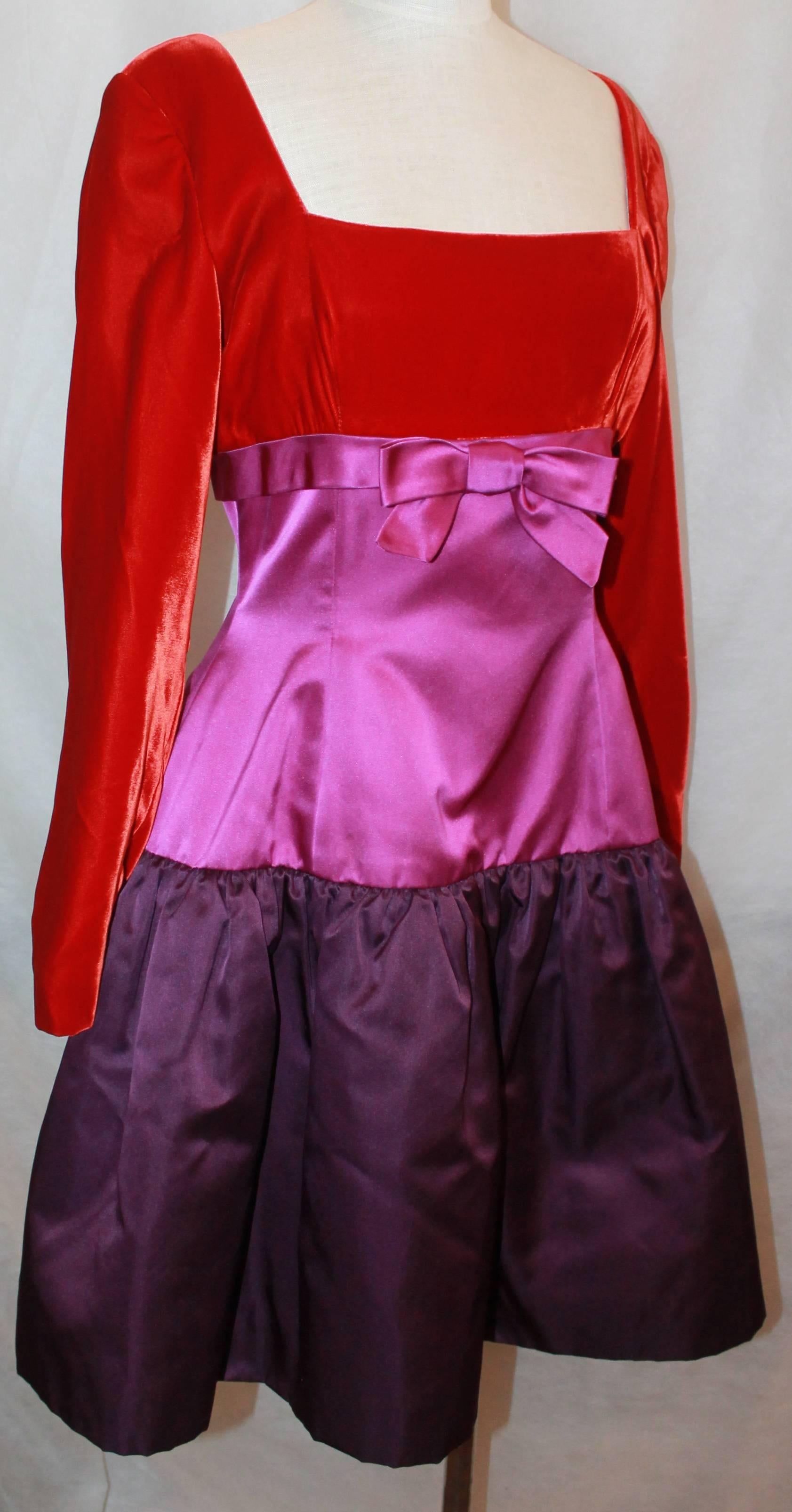 Oscar de la Renta 1990's Red & Purple Color-Block Dress - 8. This dress is in excellent condition and is long sleeved. The top part is velvet and the middle & bottom part is satin. The colors are red, fuchsia, and purple. 

Measurements:

