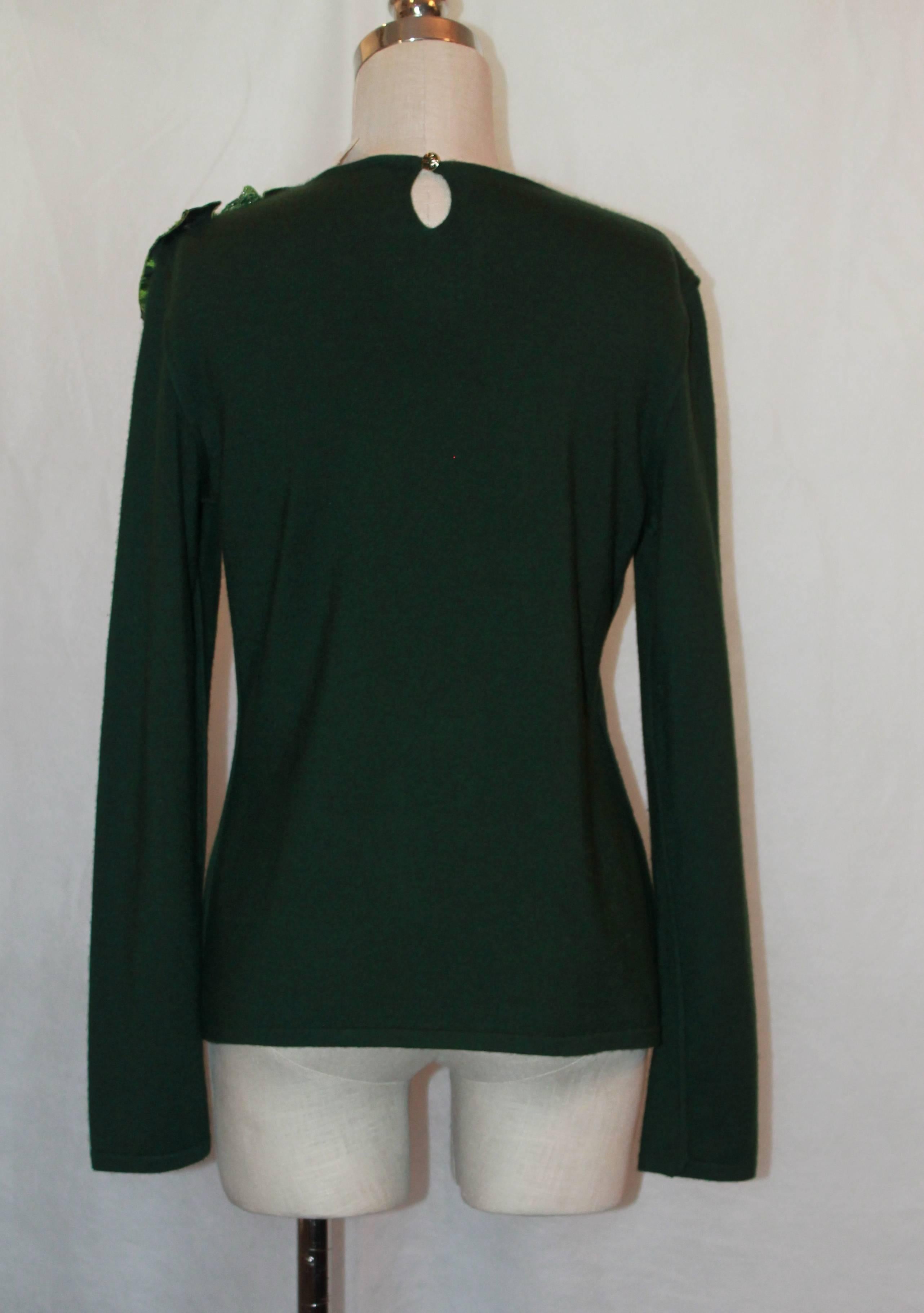 Black Oscar de la Renta Emerald Cashmere/Silk Blend Round Neck Sweater - Large