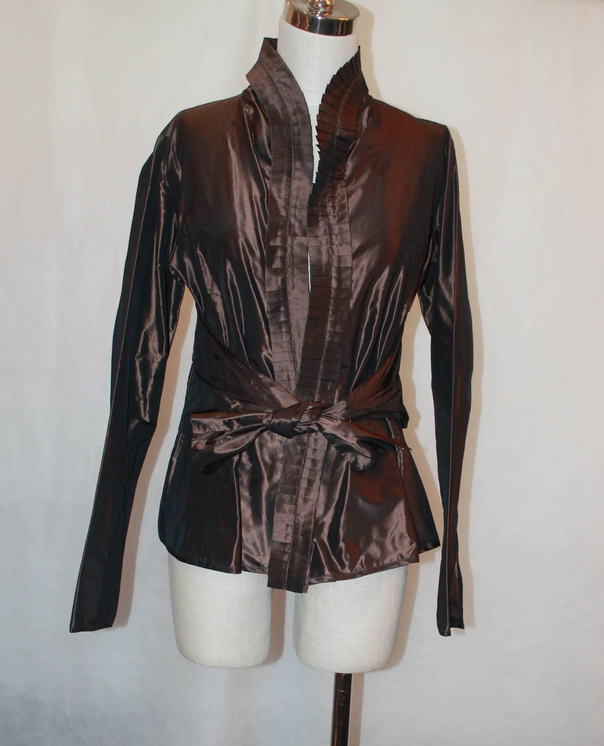 Etro Brown Silk Taffeta Wrap Top w/ Double Pleated Collar - 8.  This wrap top is in excellent condition.  It has a detailed double pleated collar and a waist wrap.

Measurements:
Bust: 19