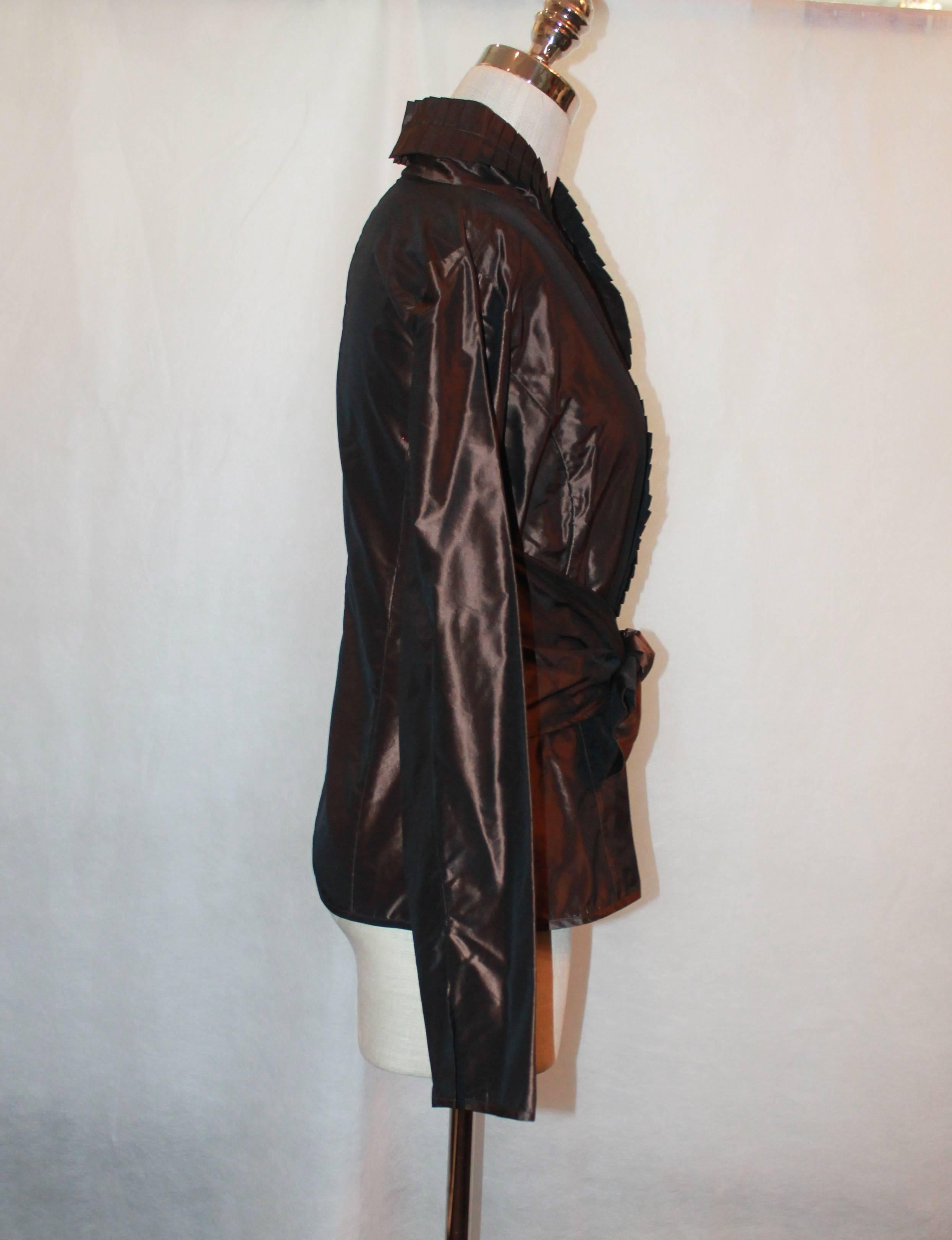 Etro Brown Silk Taffeta Wrap Top w/ Double Pleated Collar - 8 In Excellent Condition In West Palm Beach, FL