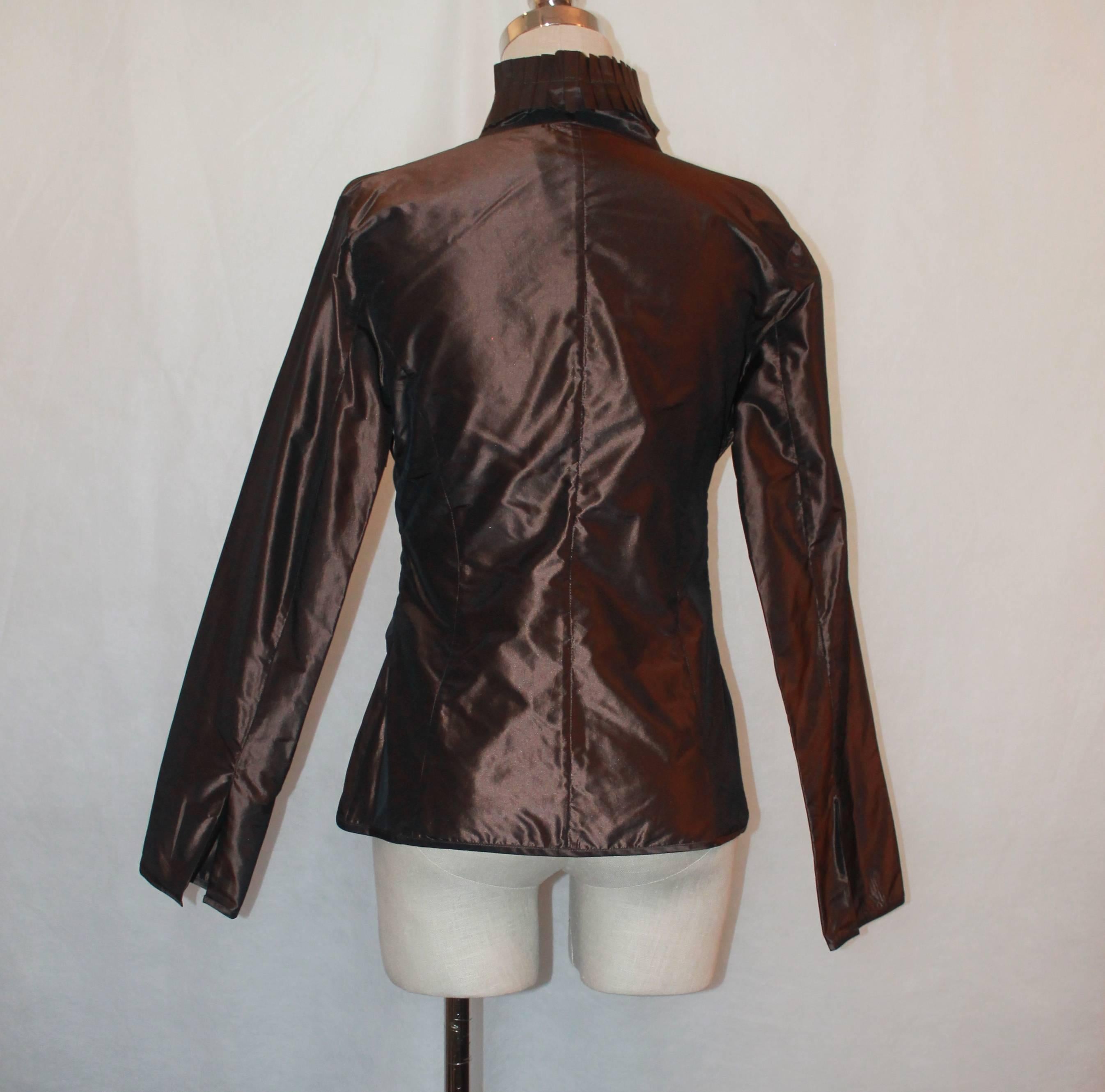 Women's Etro Brown Silk Taffeta Wrap Top w/ Double Pleated Collar - 8