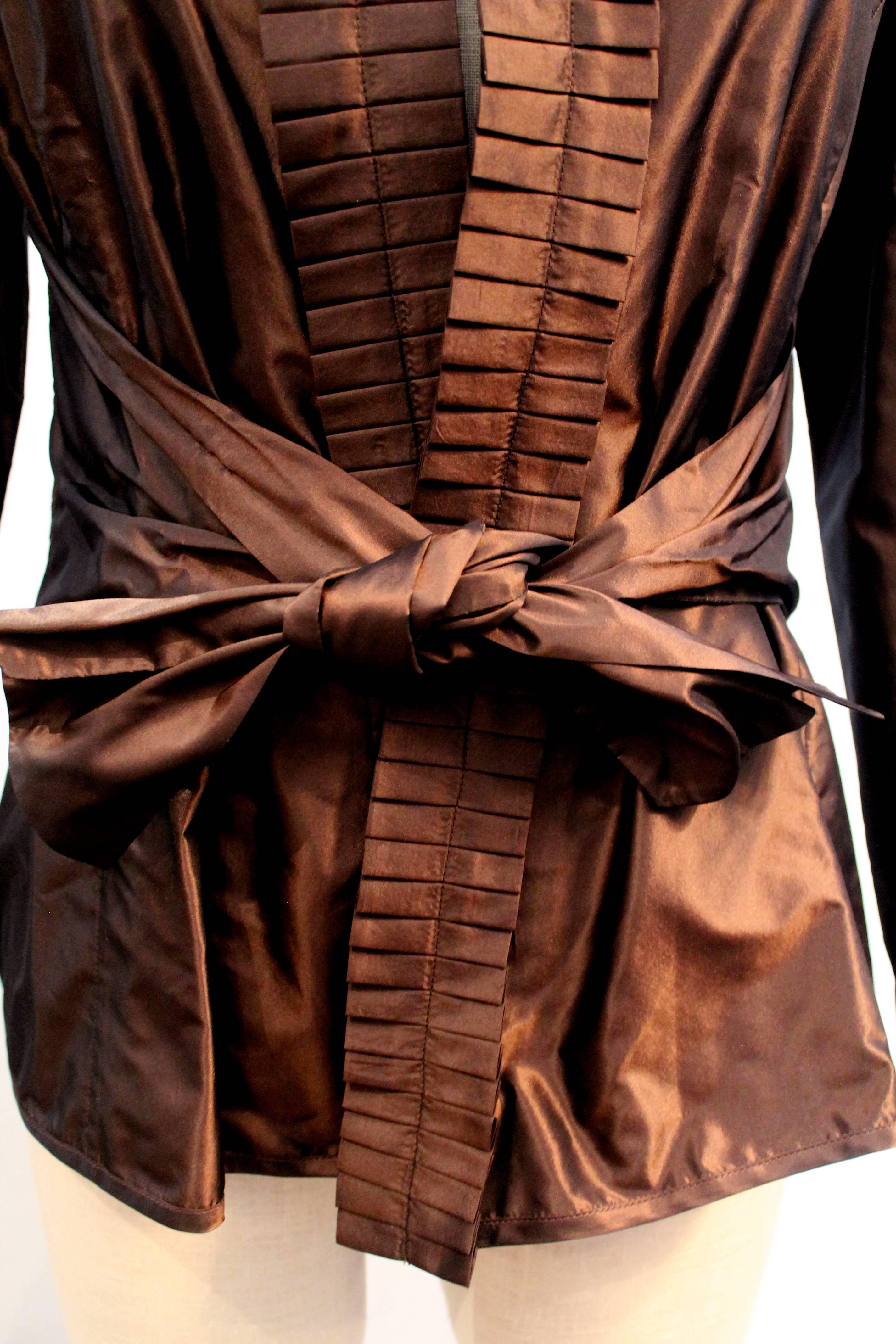 Etro Brown Silk Taffeta Wrap Top w/ Double Pleated Collar - 8 1