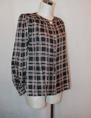 YSL 1960's Brown, Black, & Ivory Silk Criss Cross Printed Blouse - 36