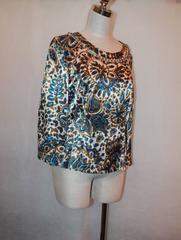 Chloe Ivory, Blue, & Gold Paisley Printed Silk Blouse w/ Rhinestone Trim - 42