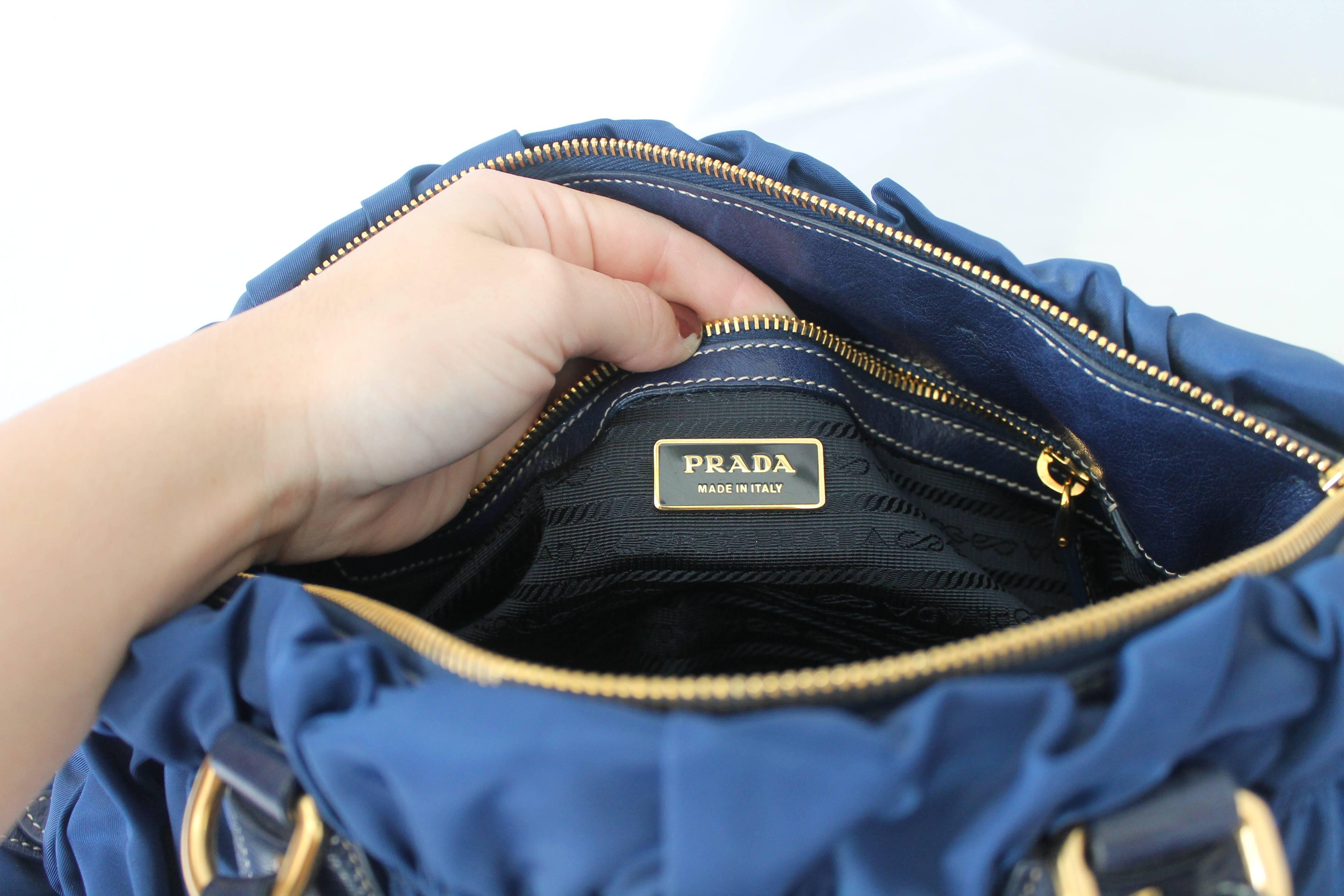 Prada Blue Nylon & Leather Ruched Bag w/ Braided Handle - GHW In Excellent Condition In West Palm Beach, FL