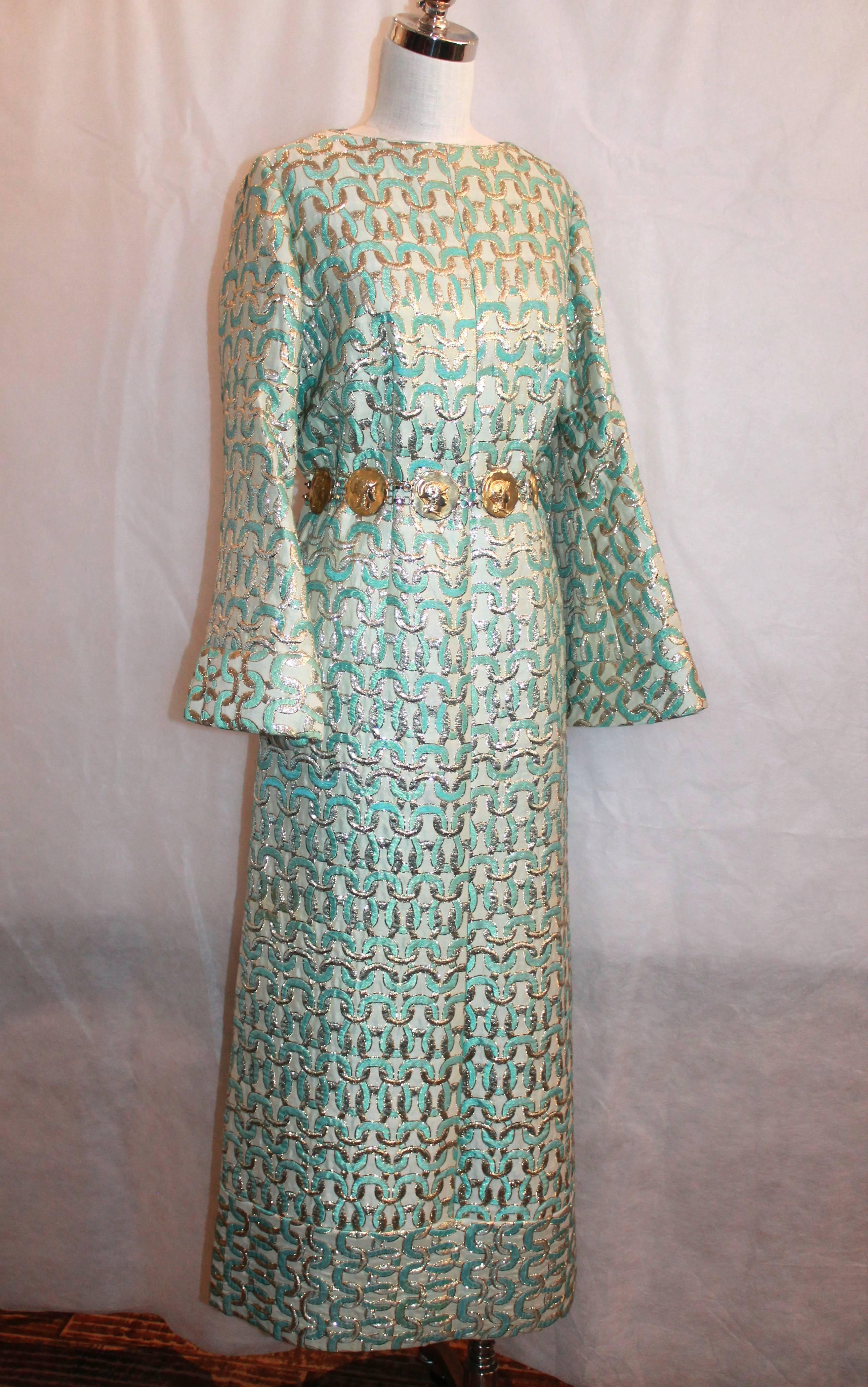 1960's Sarmi Gold & Aqua Brocade Vintage Long Sleeve Gown - L.  This gorgeous gown from the 1960's is in excellent vintage condition with only slight fade from age on the gold belt.  It features extra wide sleeves and beautiful