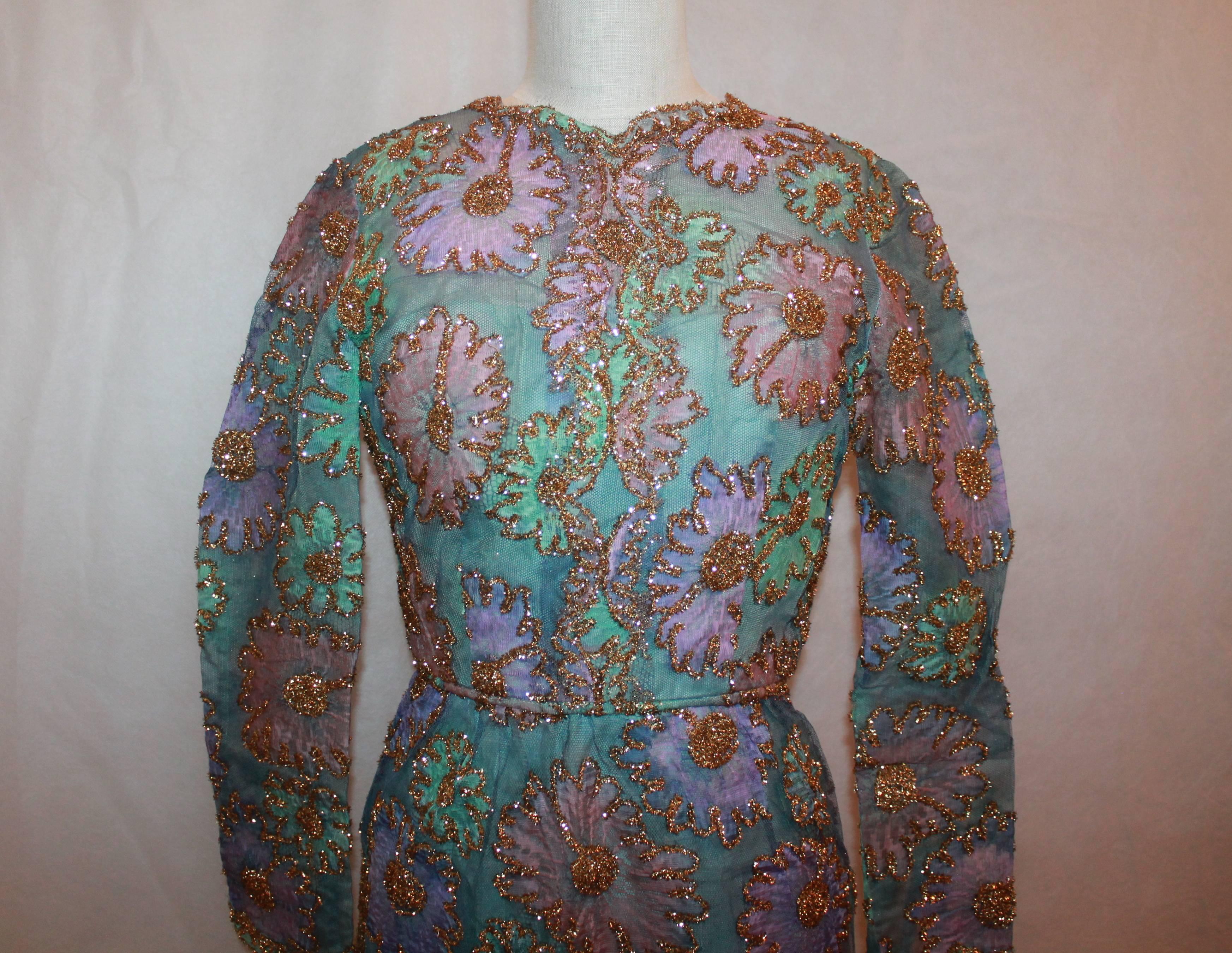 Women's Sarmi 1960's Pastels Lace & Tinsel Long Sleeve Dress - M