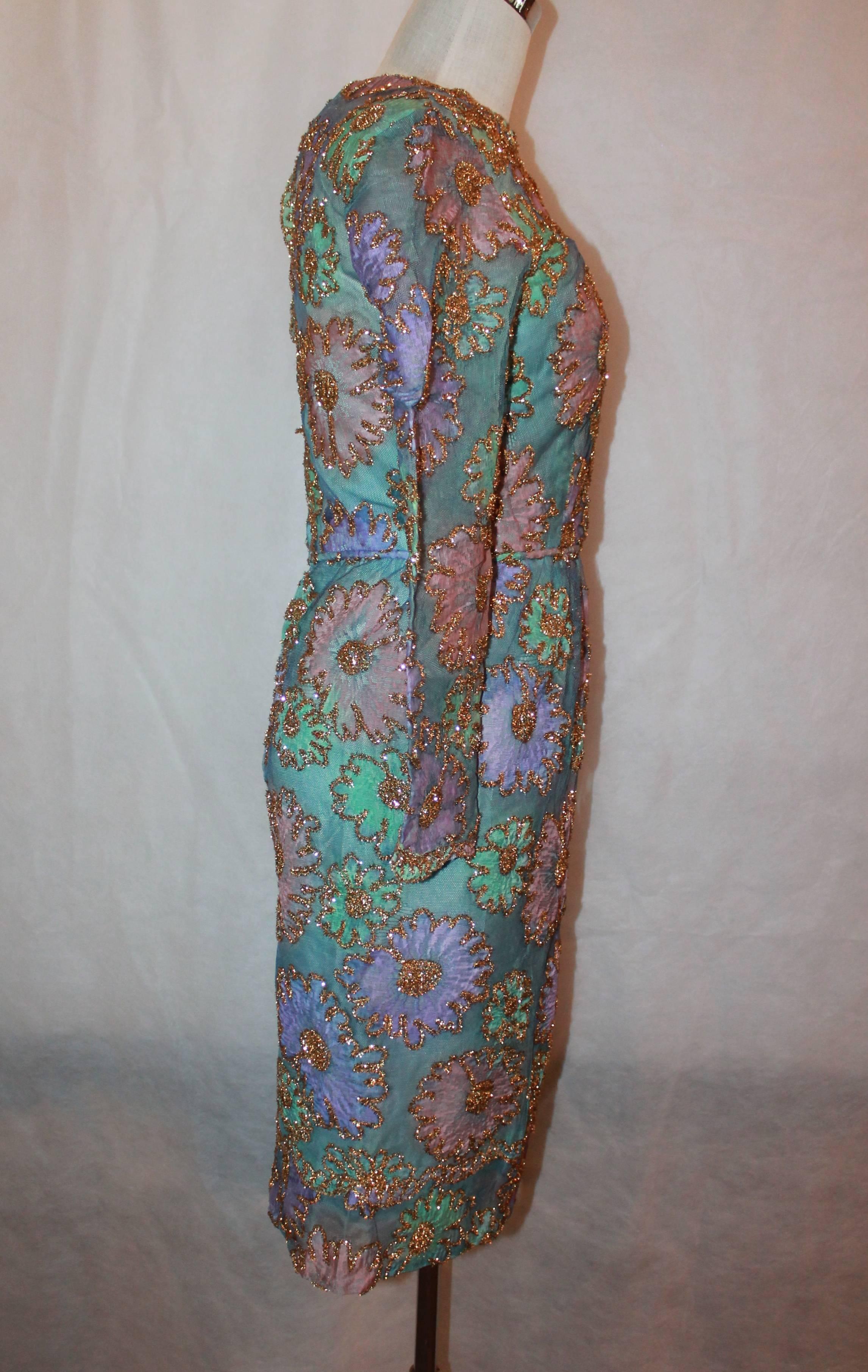 Gray Sarmi 1960's Pastels Lace & Tinsel Long Sleeve Dress - M