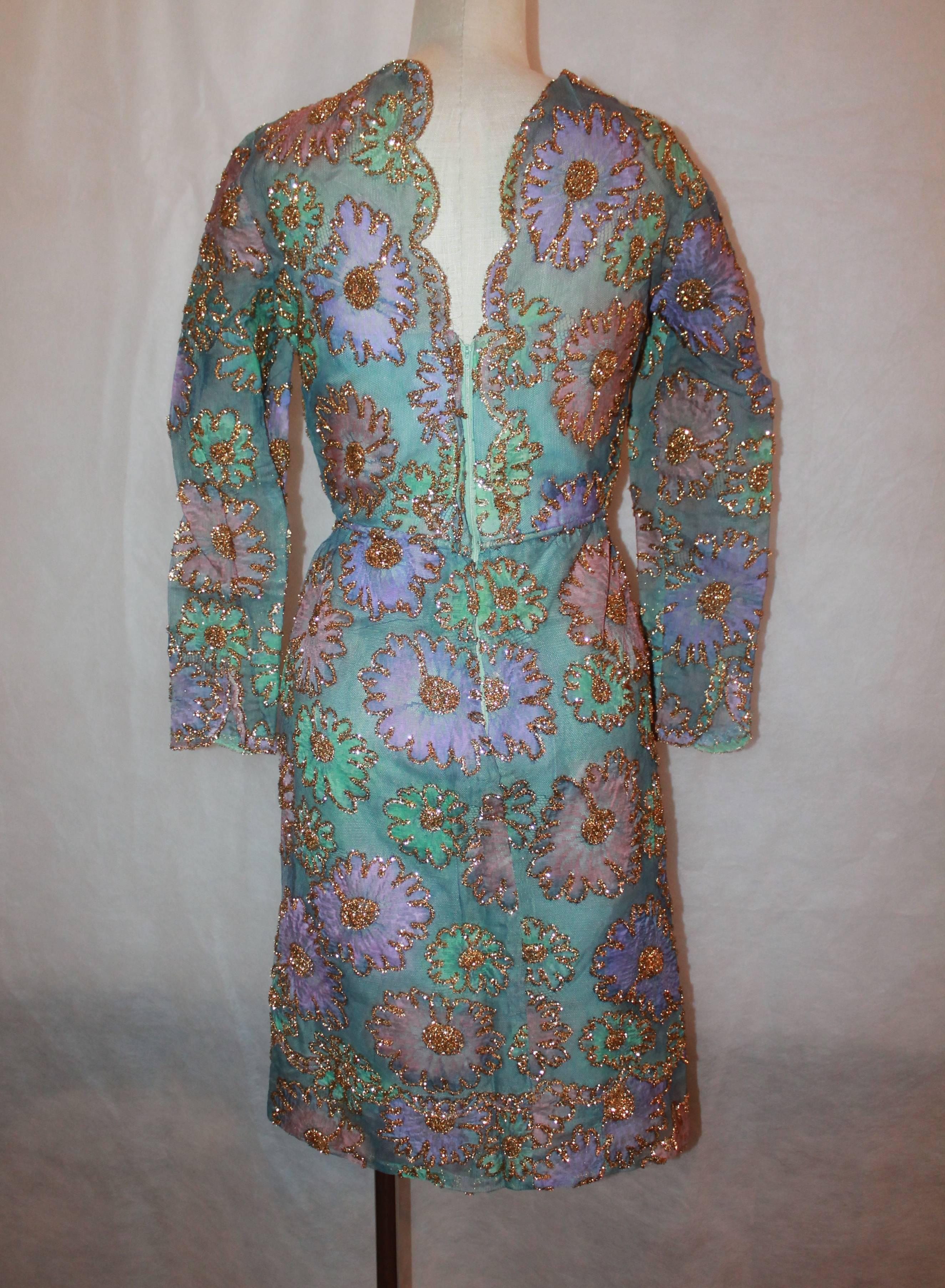 Sarmi 1960's Pastels Lace & Tinsel Long Sleeve Dress - M In Excellent Condition In West Palm Beach, FL