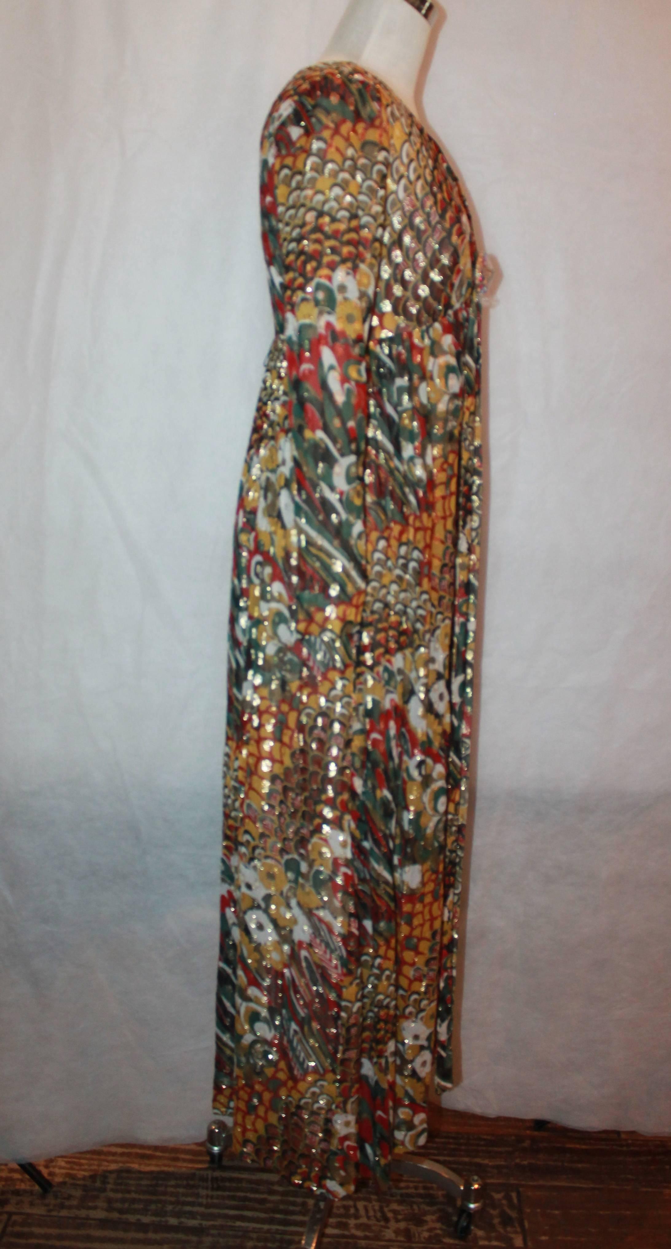 Brown Adele Simpson Vintage Multi Color Mod Brocade Long Sleeve Dress, 1950s 