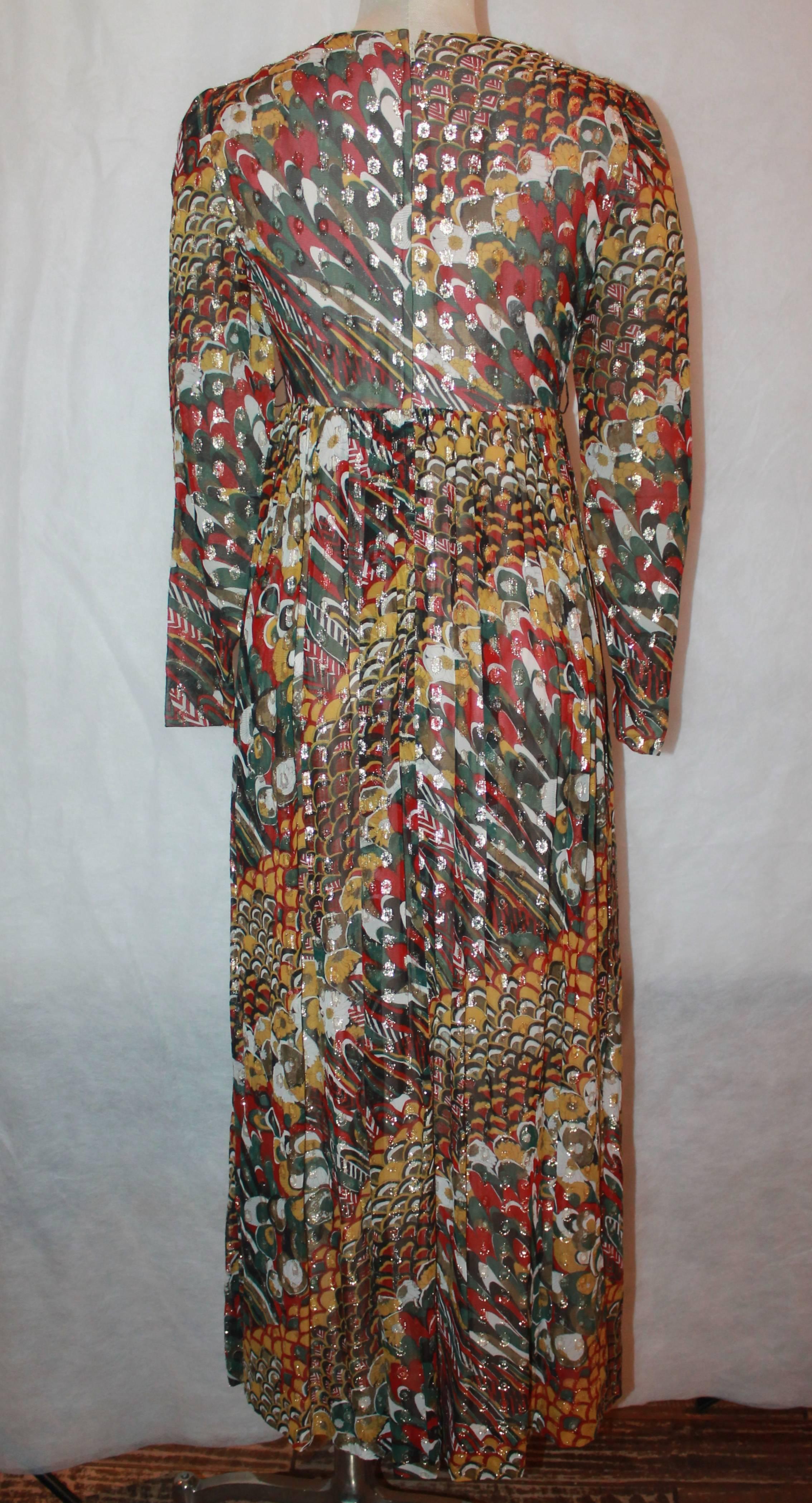 Adele Simpson Vintage Multi Color Mod Brocade Long Sleeve Dress, 1950s  In Excellent Condition In West Palm Beach, FL