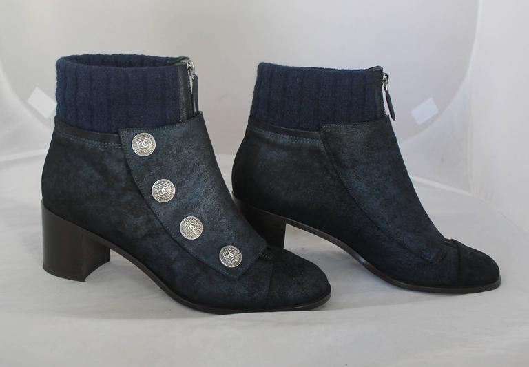 Chanel Black and Navy Suede Bootie with Knitted Top - 39.5 at 1stdibs
