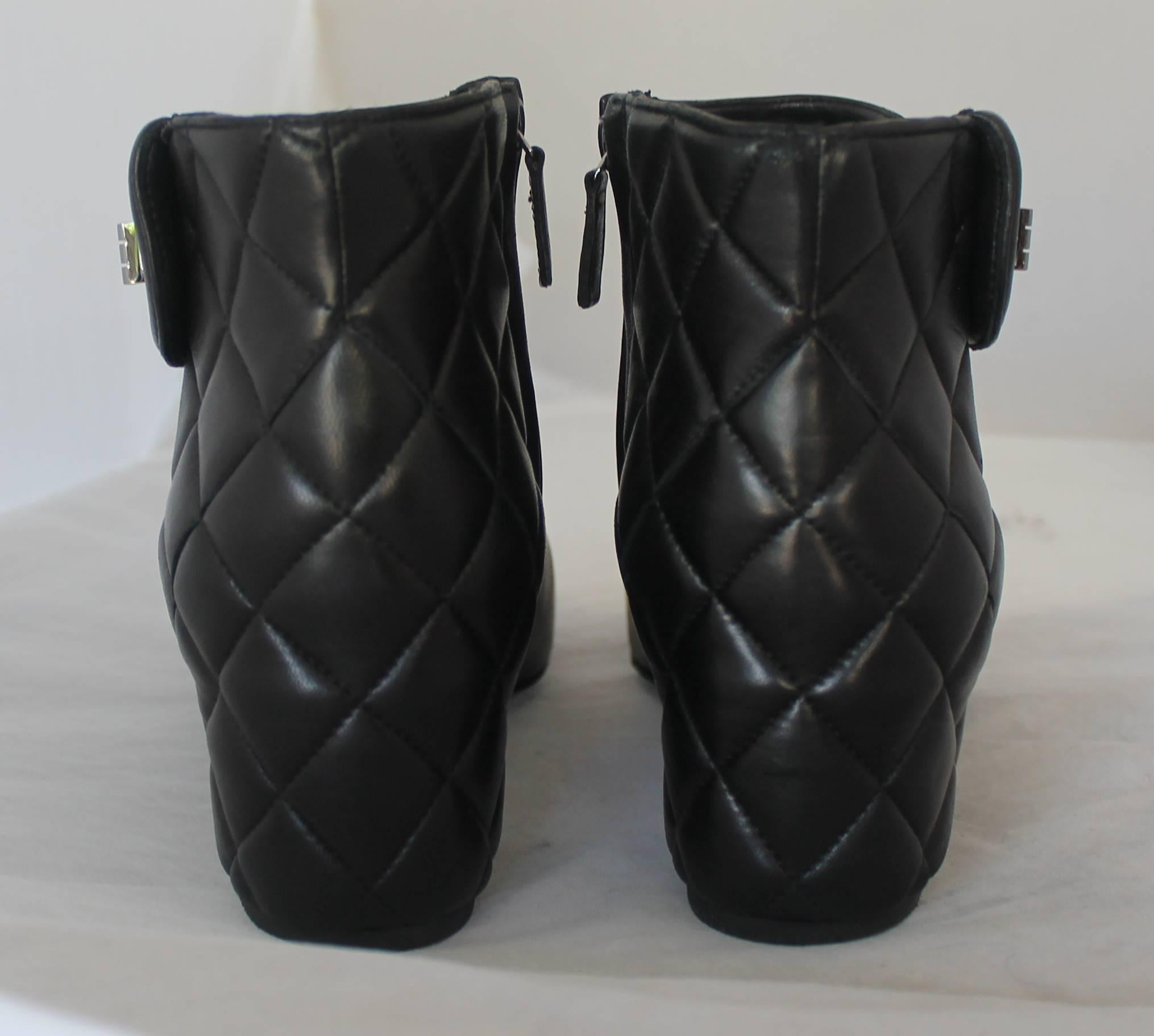 Women's Chanel Pearlized Black Lambskin Quilted Back Bootie - 40