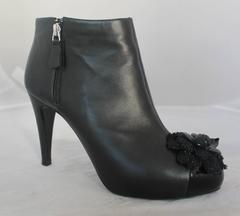 Chanel Black Leather Heeled Booties with Front Camellia - 40