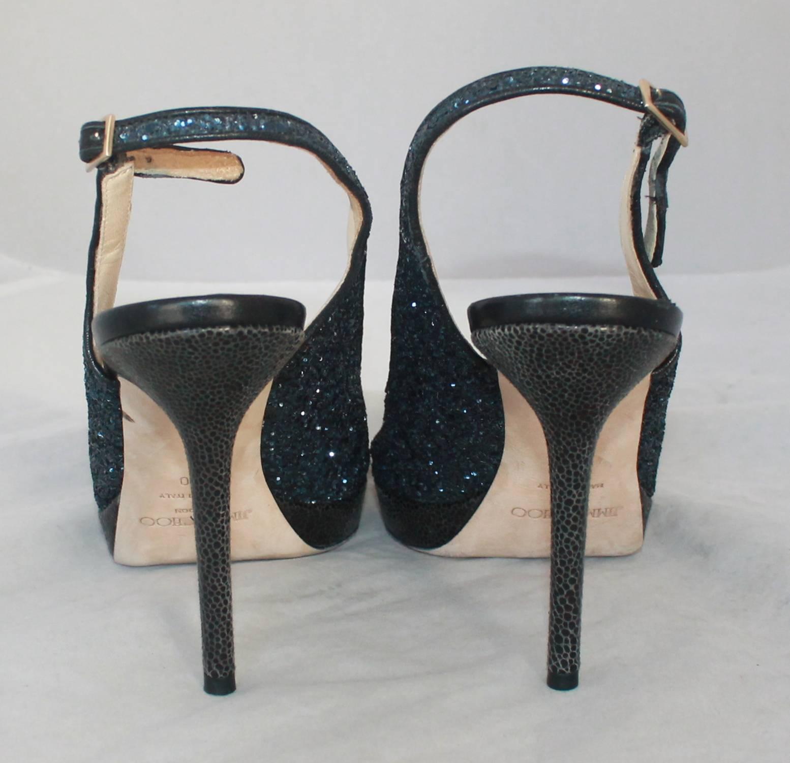 Jimmy Choo Navy Glitter Peep Toe Slingback Heels - 40 In Excellent Condition In West Palm Beach, FL