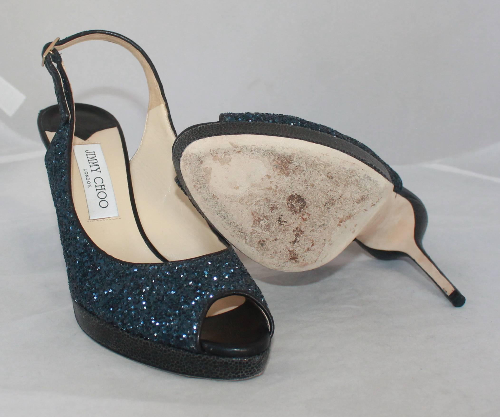 Women's Jimmy Choo Navy Glitter Peep Toe Slingback Heels - 40