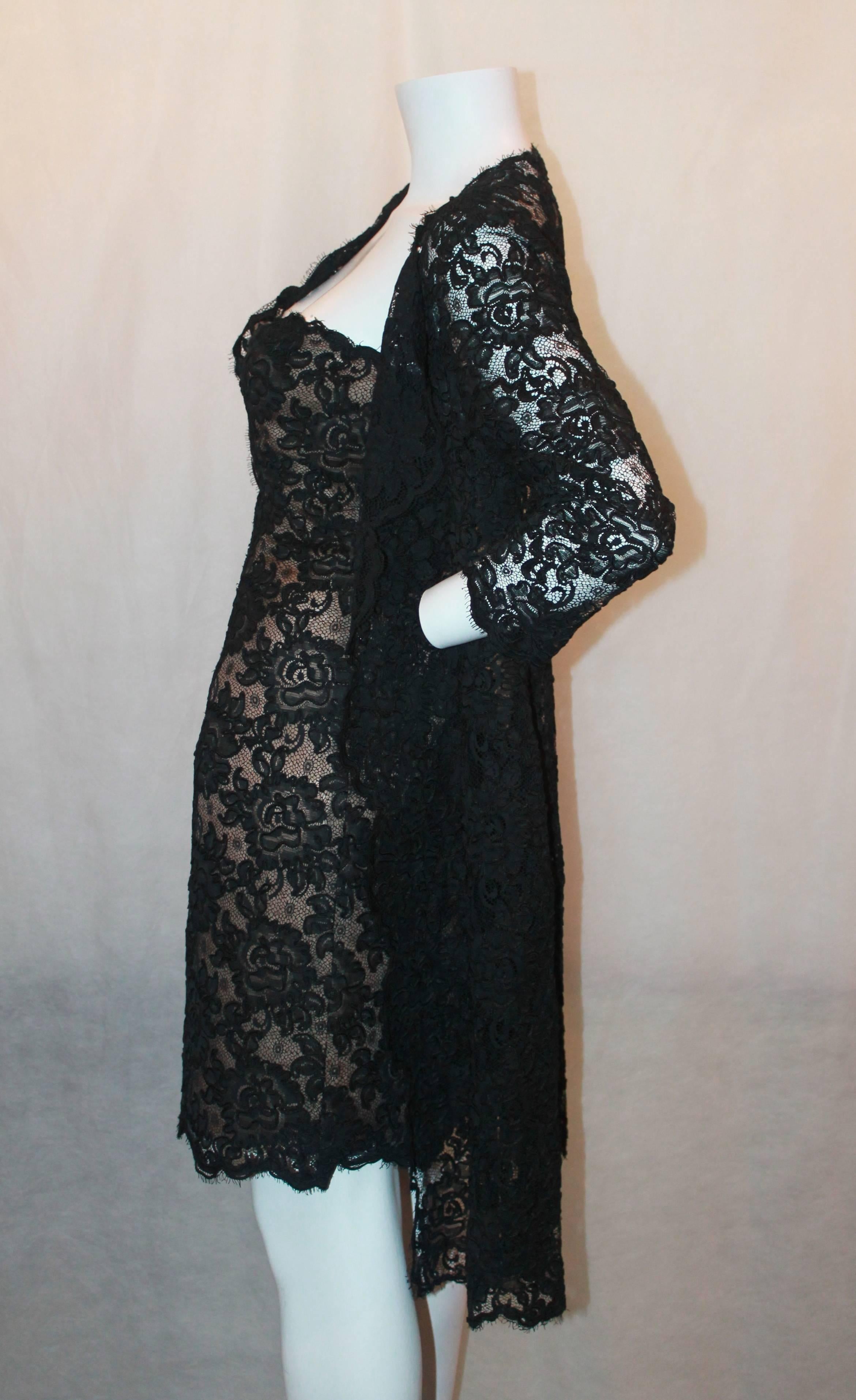 Oscar de la Renta 1990's Vintage Black Lace Soutache Dress & Coat - M In Excellent Condition In West Palm Beach, FL