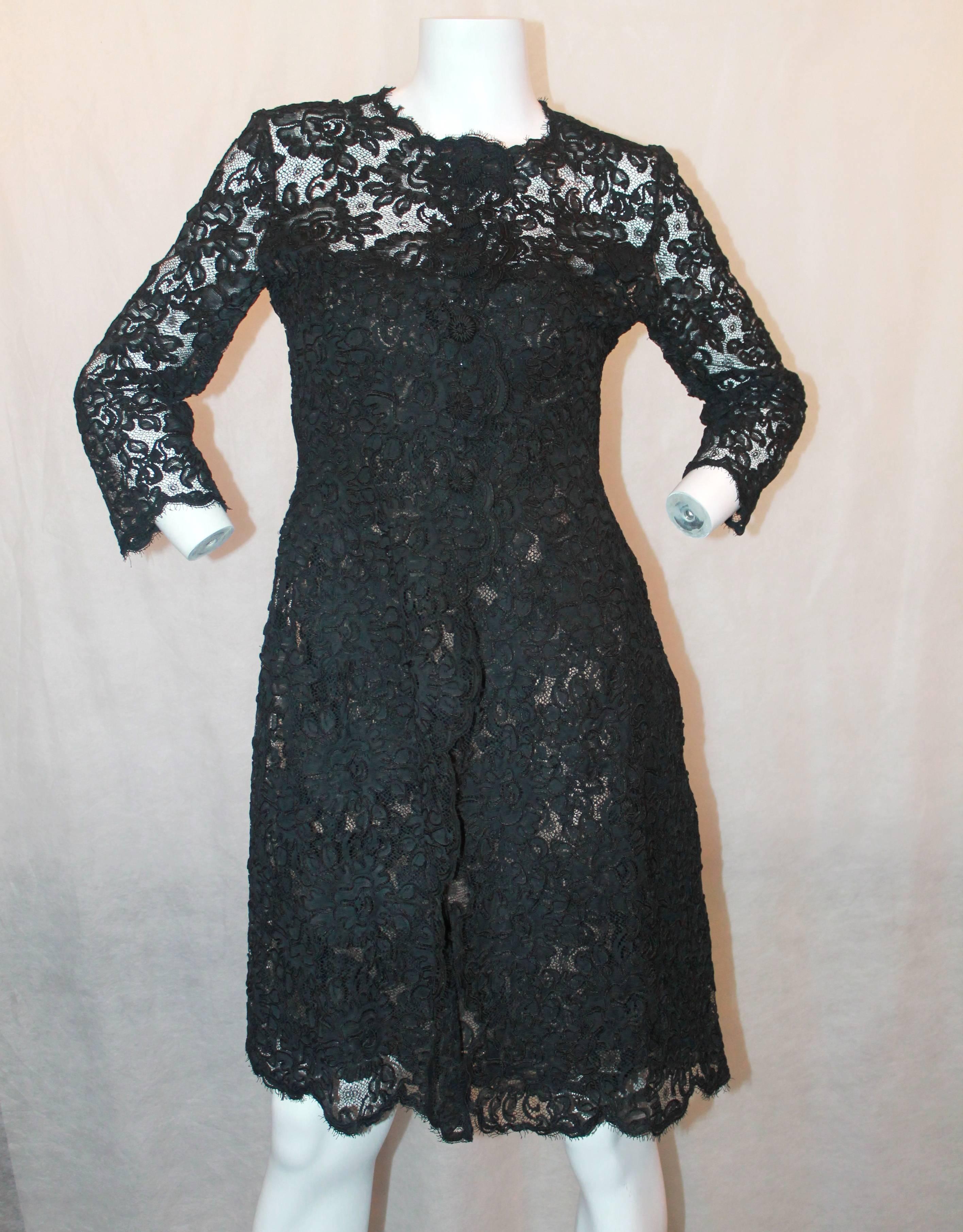 Oscar de la Renta 1990's Vintage Black Lace Soutache Dress & Coat - M. This set comes with a strapless dress that has flesh colored lining and a lace coat. The dress has a built in bra. The 3/4 coat also has 3/4 length sleeves with scalloped edges