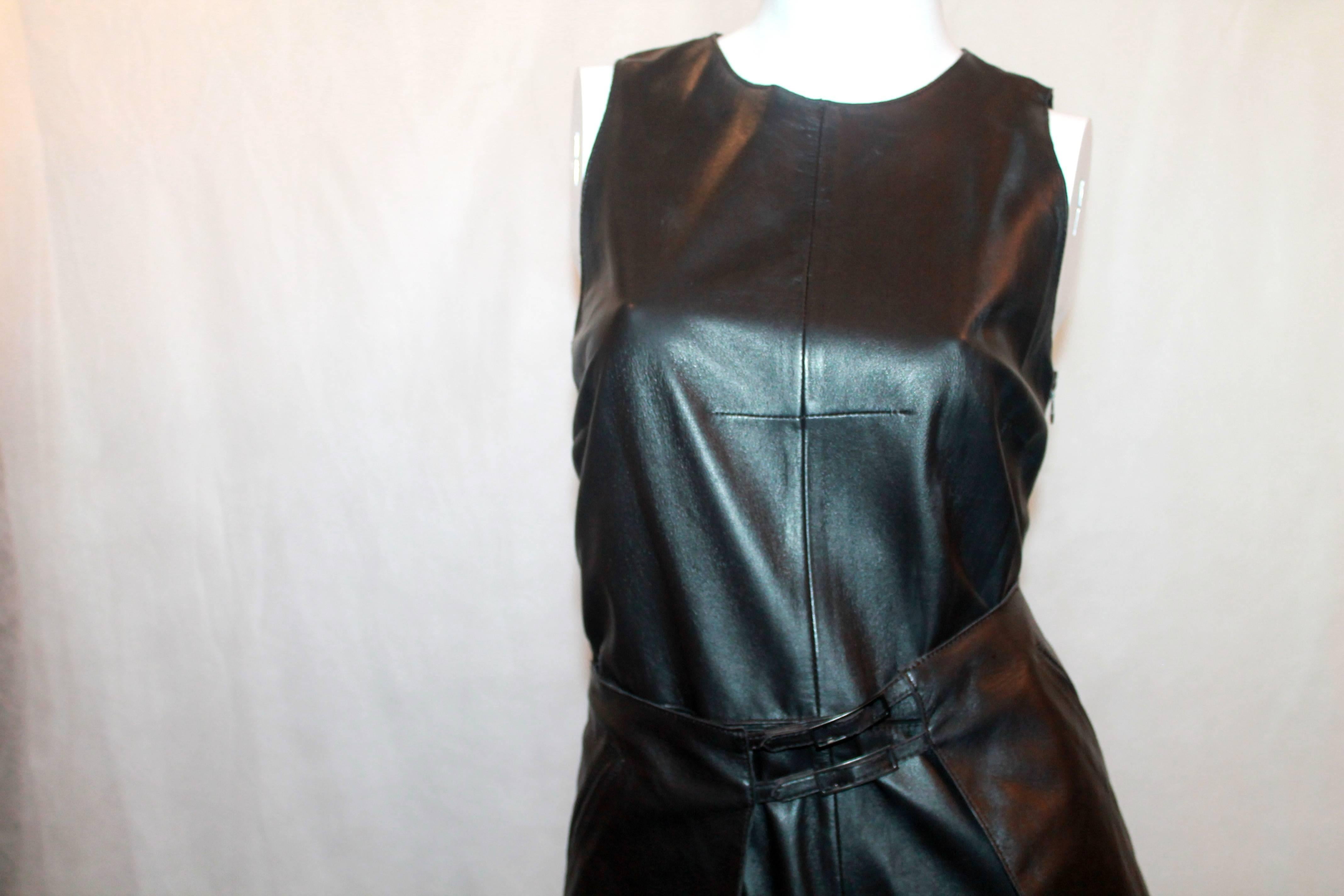 John Bartlett 1990's Chocolate Brown Leather Long Dress with Skirt Belt - 42 In Excellent Condition In West Palm Beach, FL