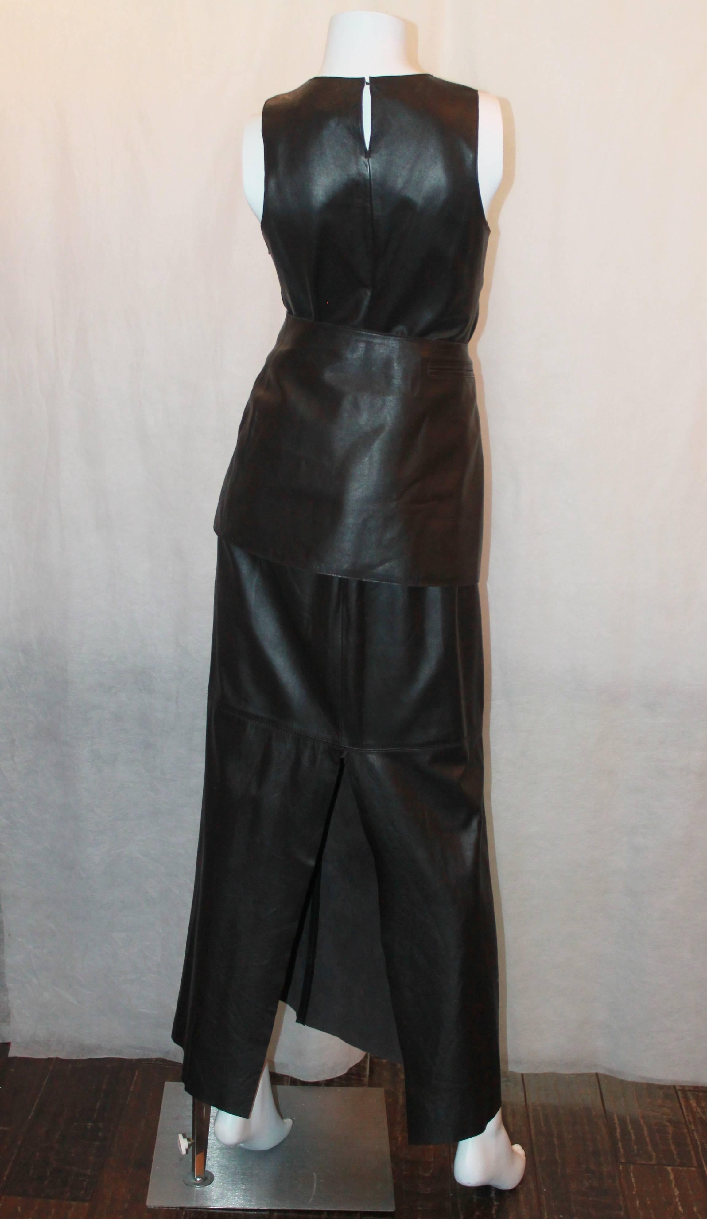 Black John Bartlett 1990's Chocolate Brown Leather Long Dress with Skirt Belt - 42