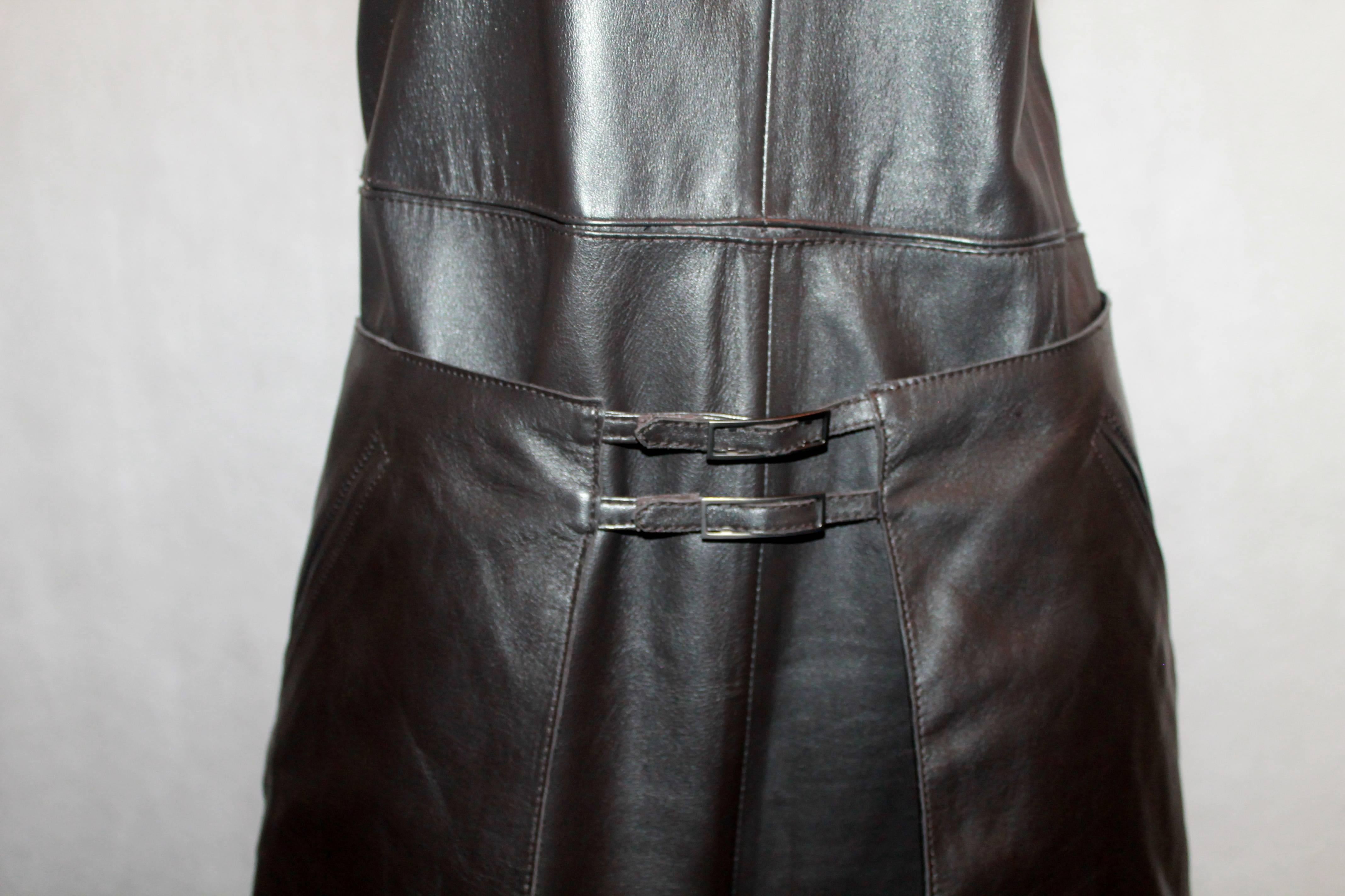 Women's John Bartlett 1990's Chocolate Brown Leather Long Dress with Skirt Belt - 42