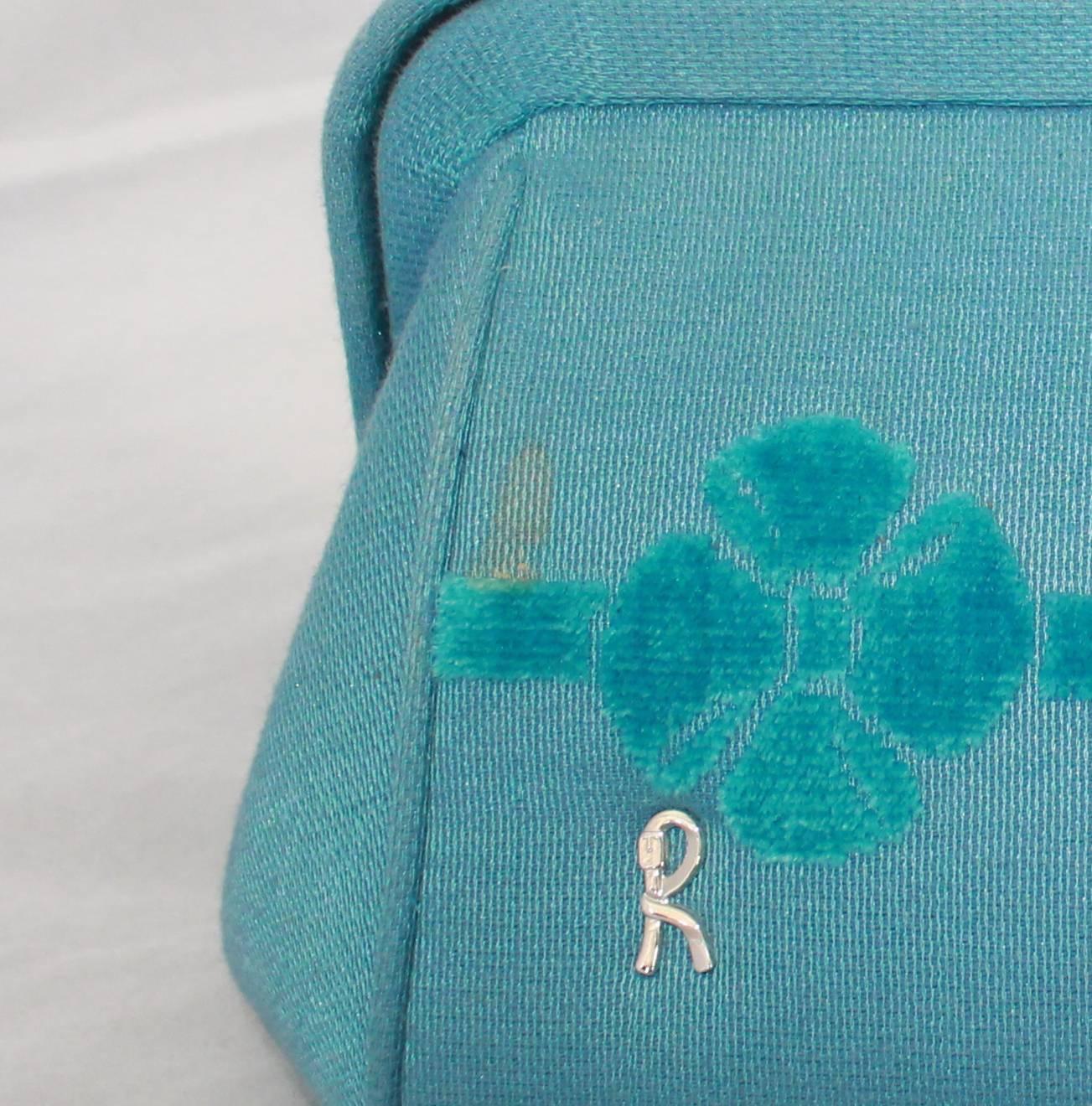 Roberta di Camerino 1990's Vintage Small Blue Fabric Bag with Flower Design 2