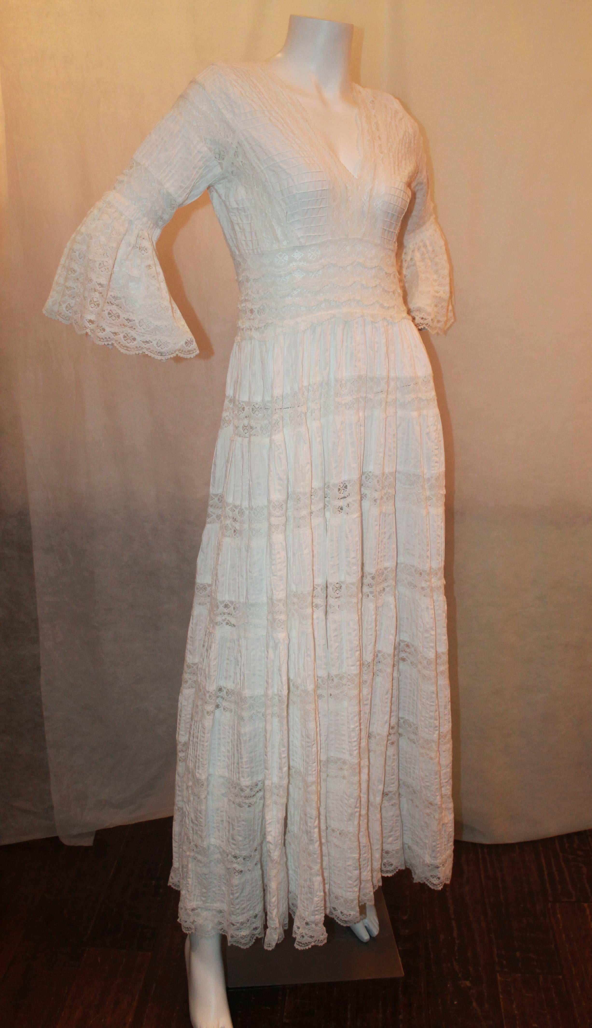 1970's Vintage White Lace & Cotton Mexican Wedding Dress - M. This maxi dress is in excellent vintage condition and has a 3/4 sleeve. It also has  