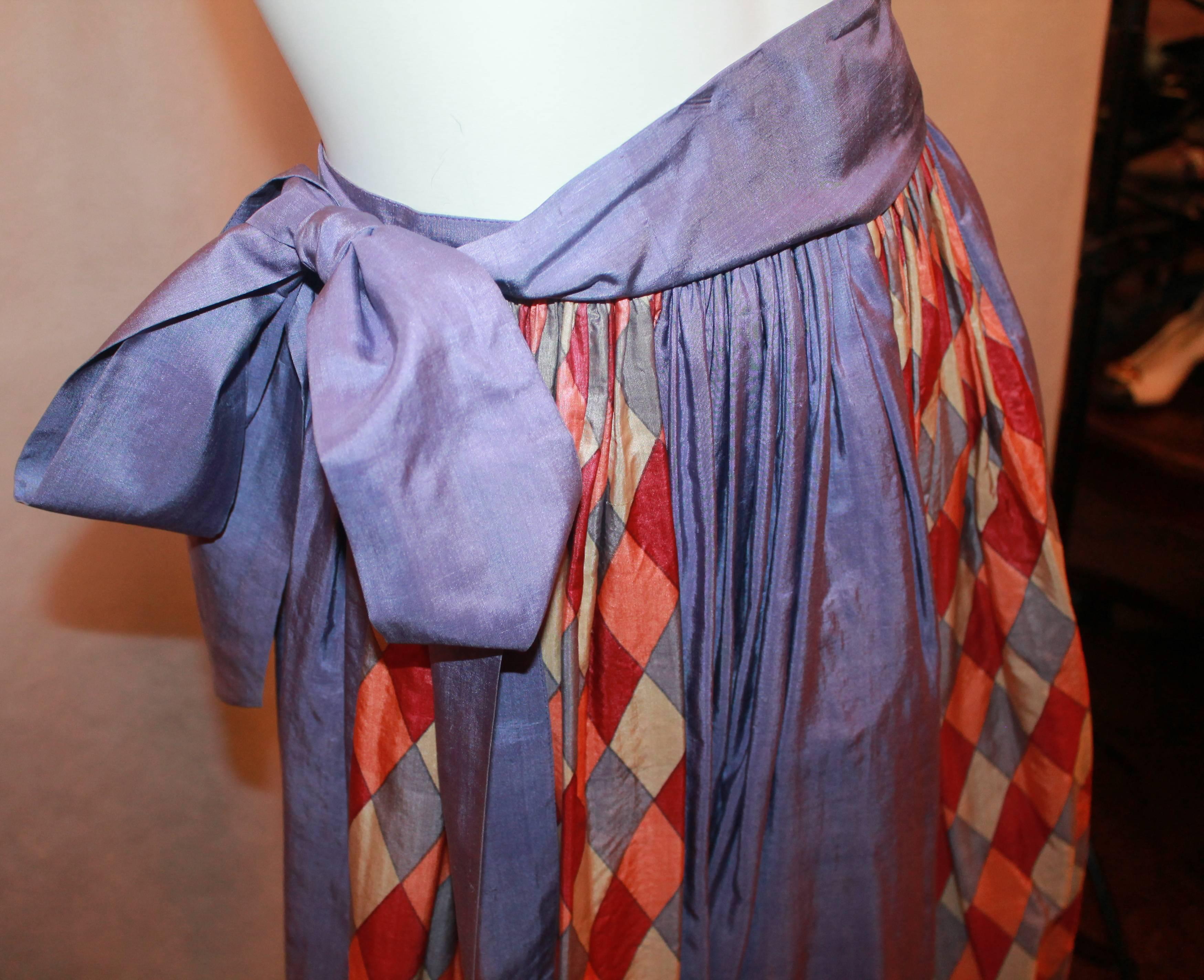 Gray YSL Rive Gauche 1970's Lavender Silk Mid Length Skirt w/ Diamond Print - 36 For Sale