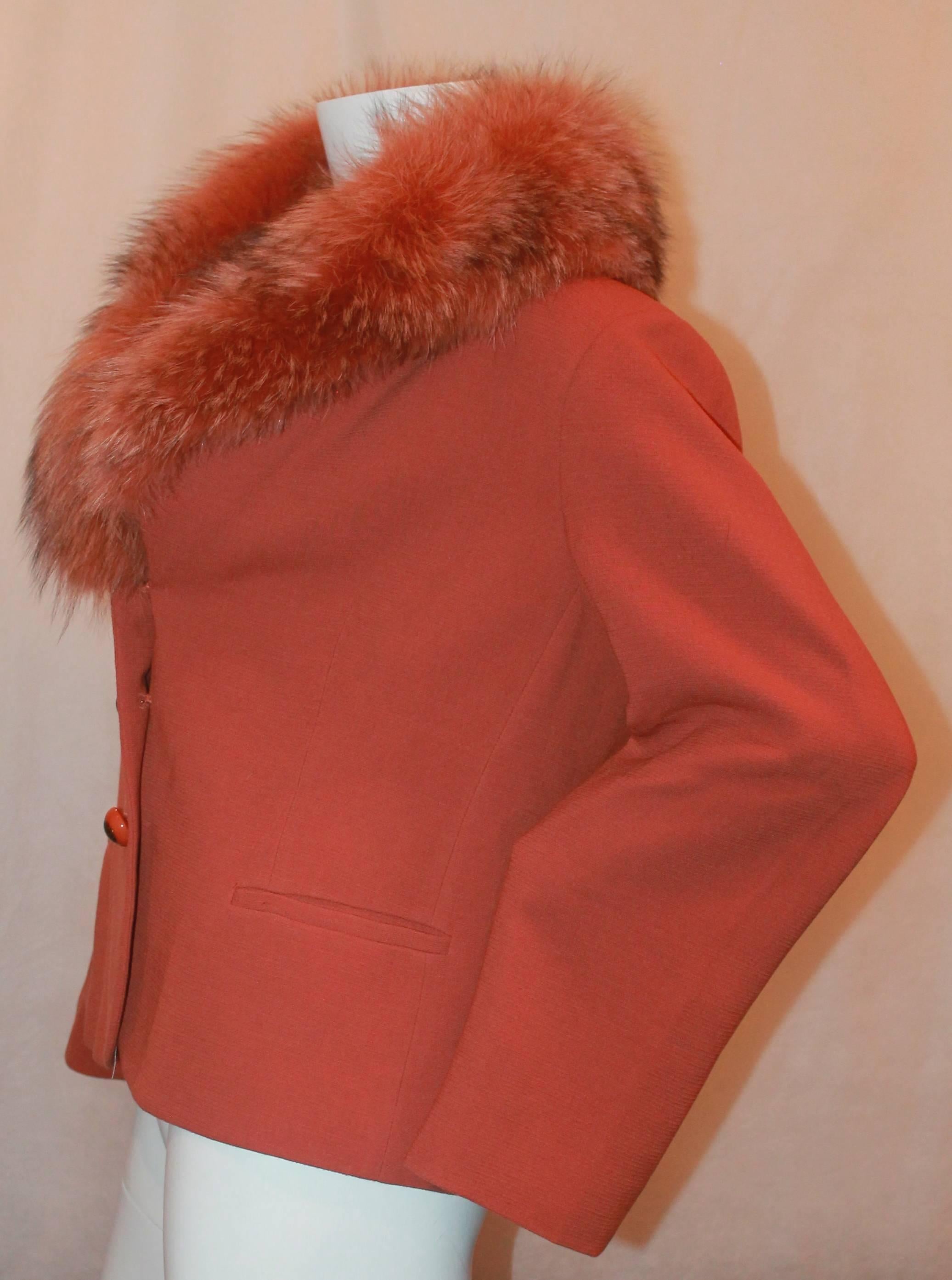 Red Agnona Burnt Orange Wool Jacket with Fox Collar - 30