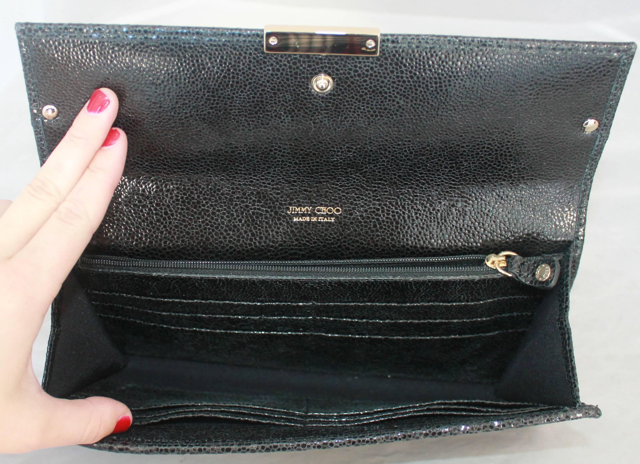 Jimmy Choo Blue Sparkle & Black Cracked Leather Clutch - GHW In Excellent Condition In West Palm Beach, FL