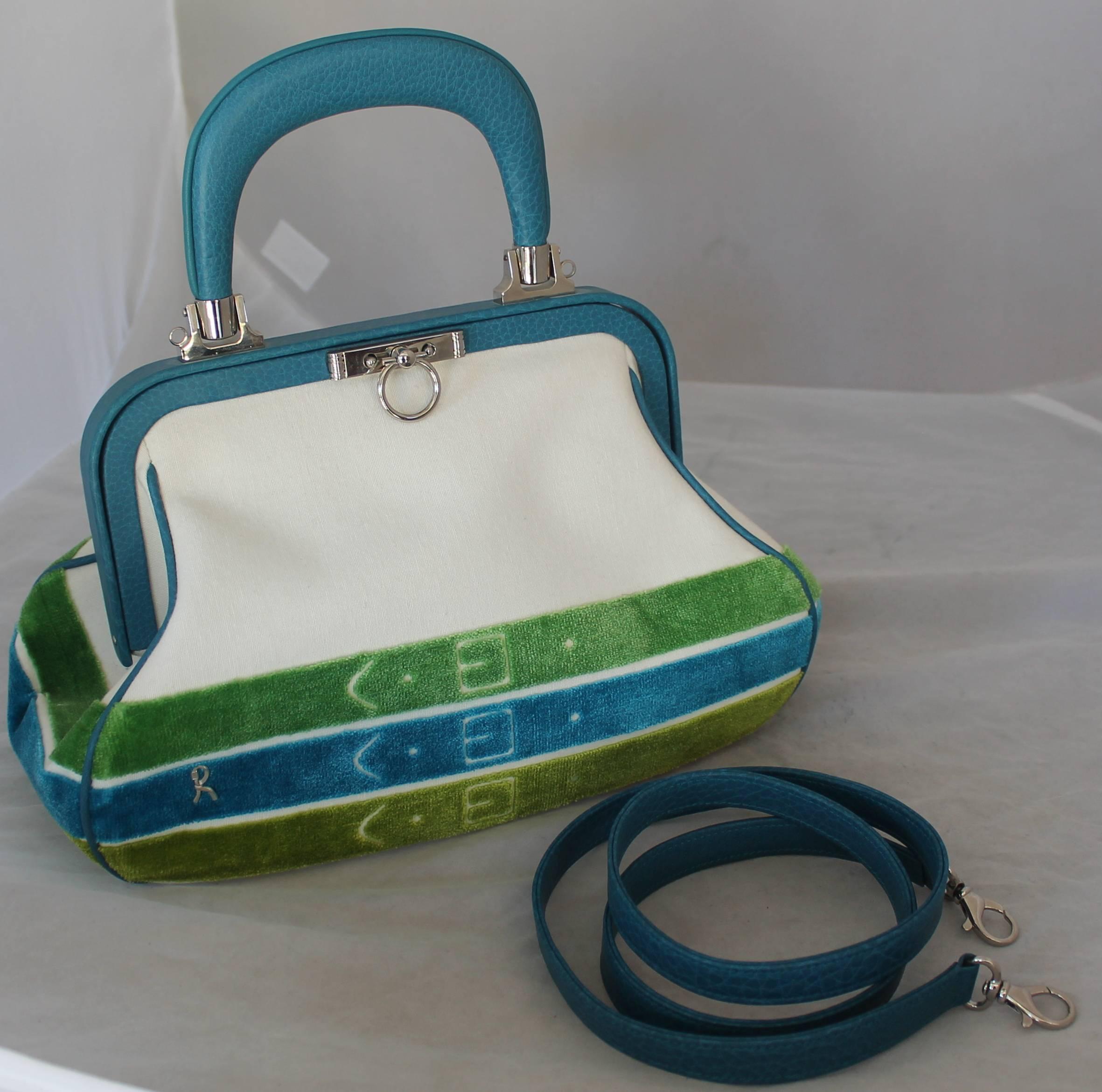Roberta di Camerino 1990's White, Blue, & Green Velvet & Cotton Handbag 2