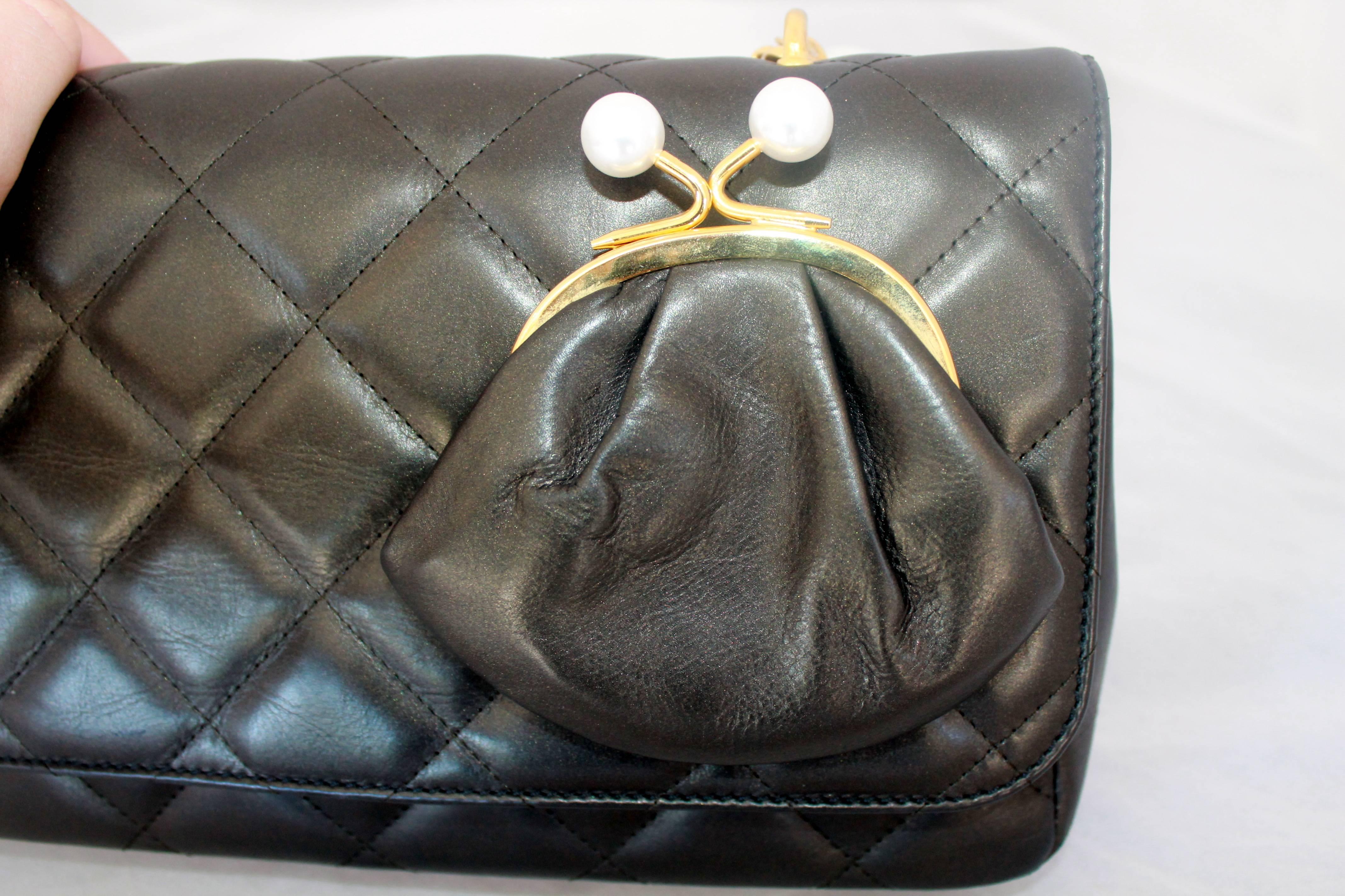Moschino Pearlized Black Lambskin Leather Quilted Crossbody w/ Pearls-GHW 2