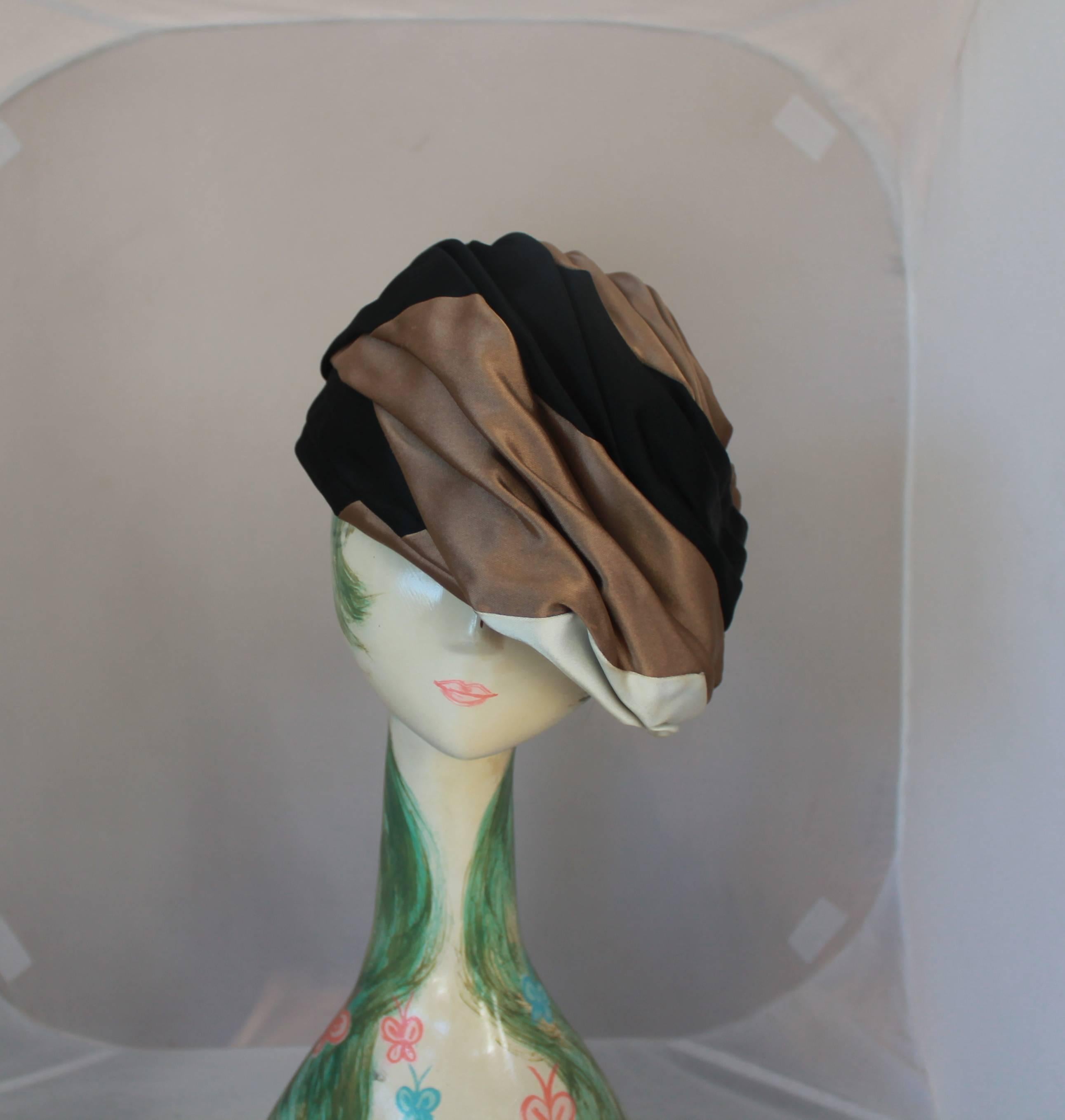 Christian Dior 1960's Vintage Black, Brown & Ivory Silk Turban Hat  In Good Condition In West Palm Beach, FL