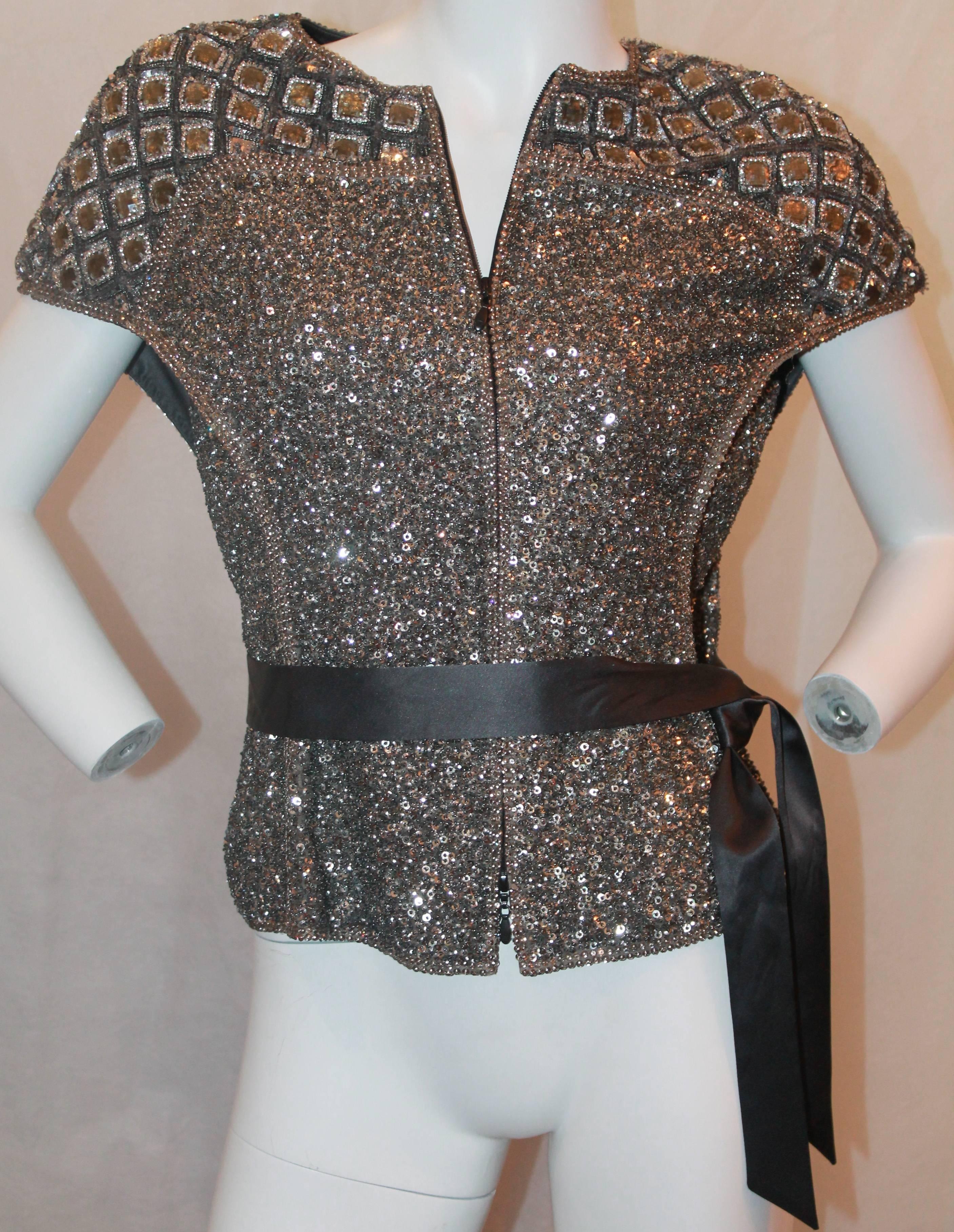 Escada Heavily Beaded Gunmetal Top w/ Satin Sash - 38 - NWT In Excellent Condition In West Palm Beach, FL