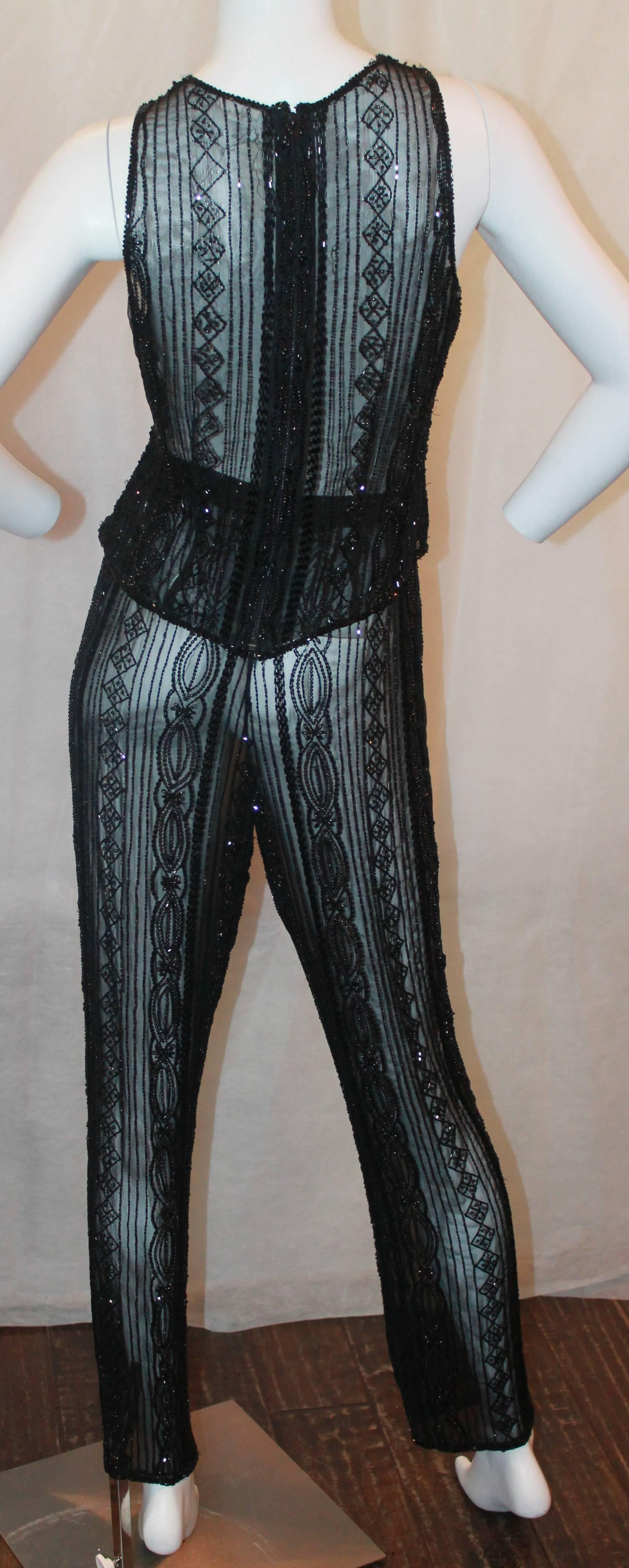 Noir Ensemble haut et pantalon en soie perlée noire des années 1980 - Petit en vente