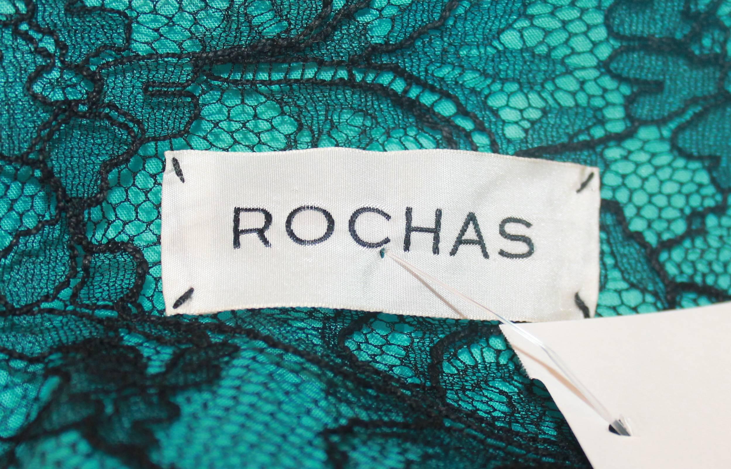 Rochas Black & White Long Jacket w/ Aqua Stitching & Lace Cutout Bottom - 6 In Excellent Condition For Sale In West Palm Beach, FL